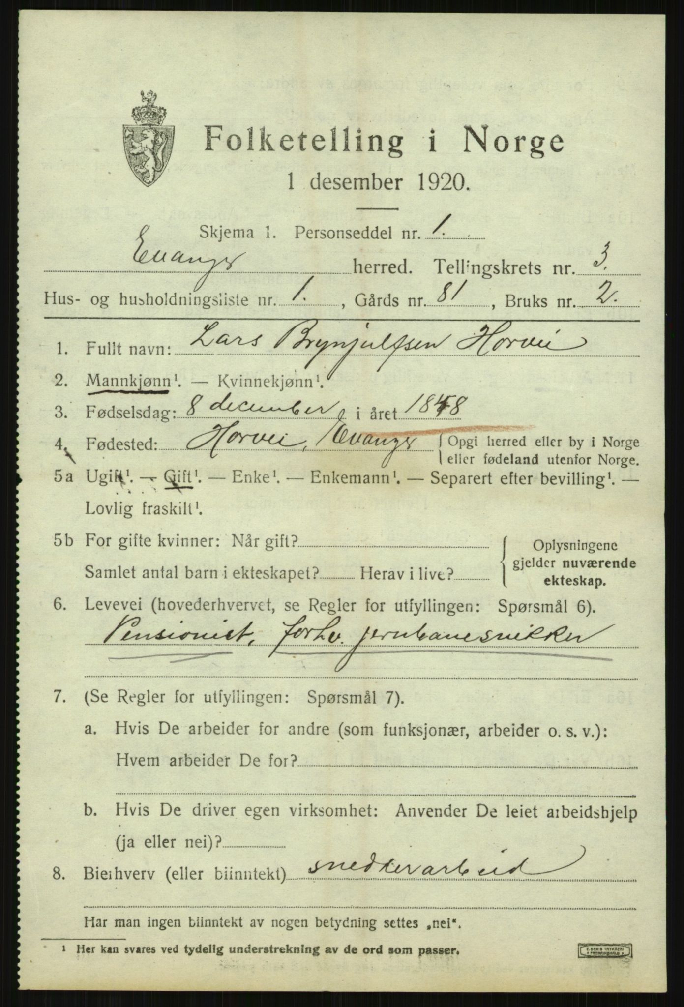 SAB, 1920 census for Evanger, 1920, p. 1035