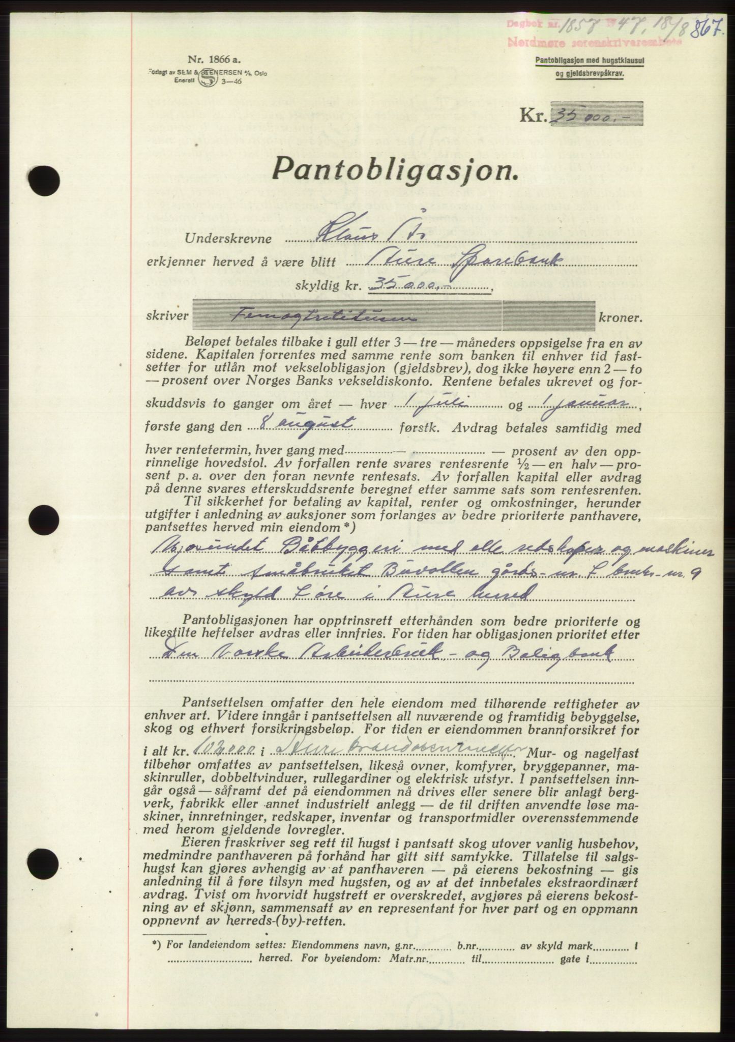 Nordmøre sorenskriveri, AV/SAT-A-4132/1/2/2Ca: Mortgage book no. B96, 1947-1947, Diary no: : 1857/1947