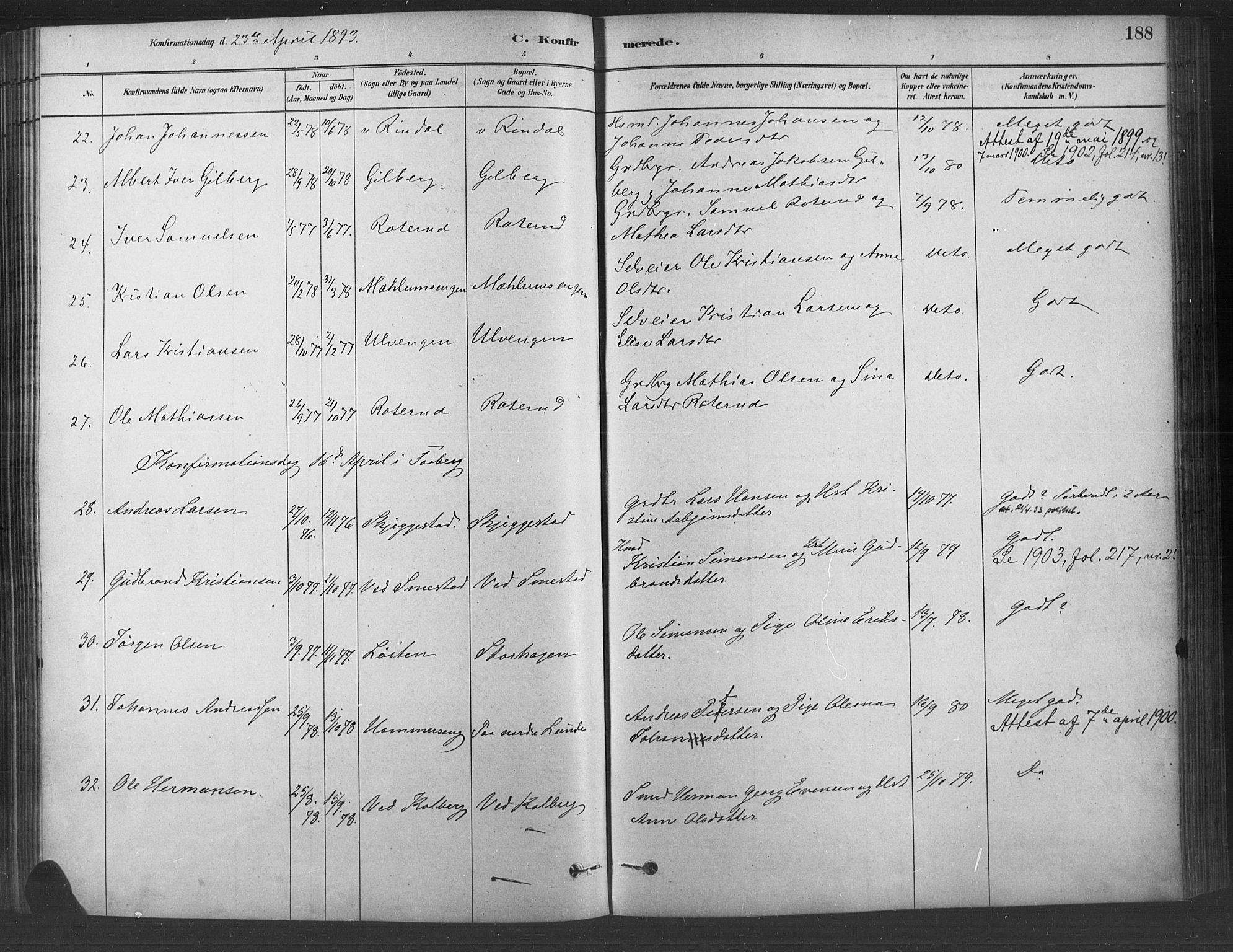 Fåberg prestekontor, AV/SAH-PREST-086/H/Ha/Haa/L0009: Parish register (official) no. 9, 1879-1898, p. 188