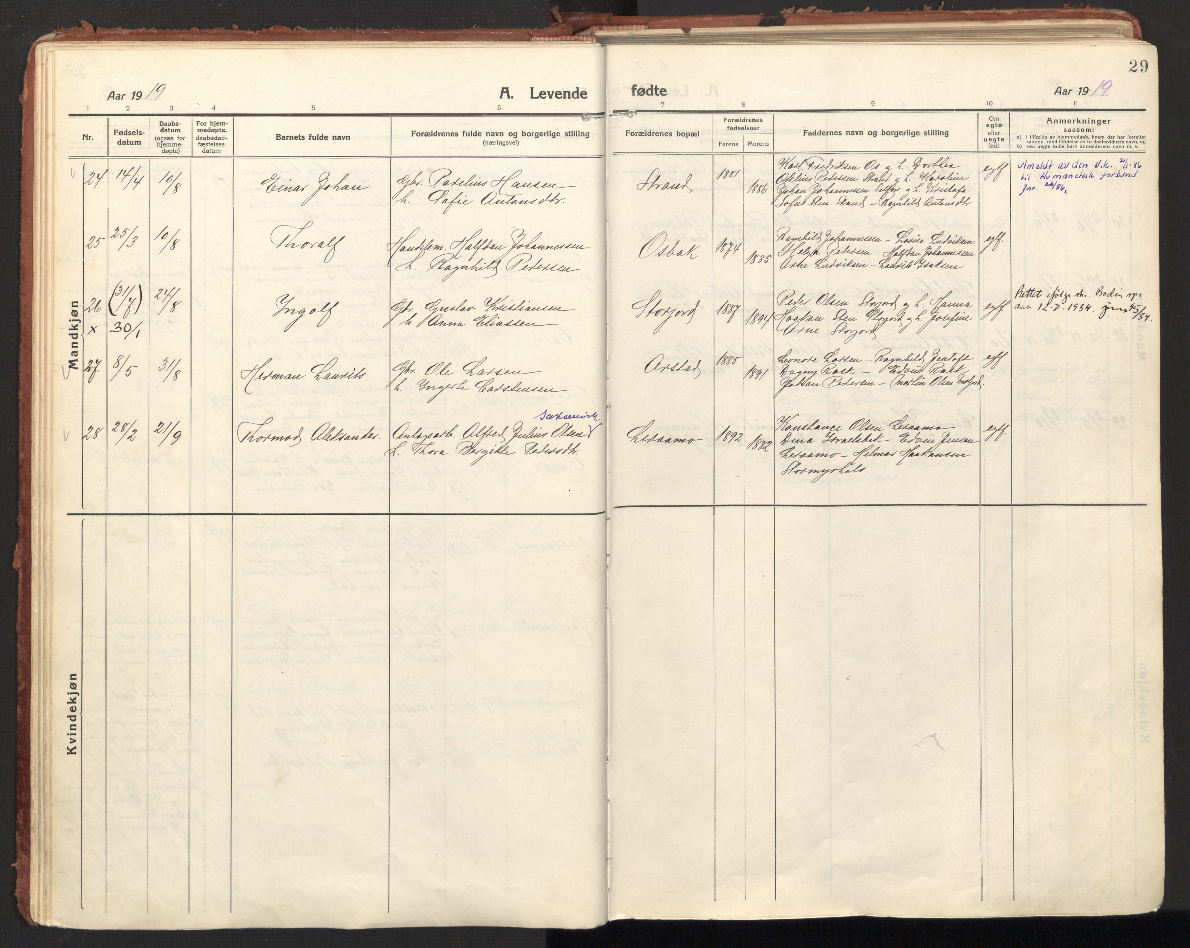 Ministerialprotokoller, klokkerbøker og fødselsregistre - Nordland, SAT/A-1459/846/L0650: Parish register (official) no. 846A08, 1916-1935, p. 29