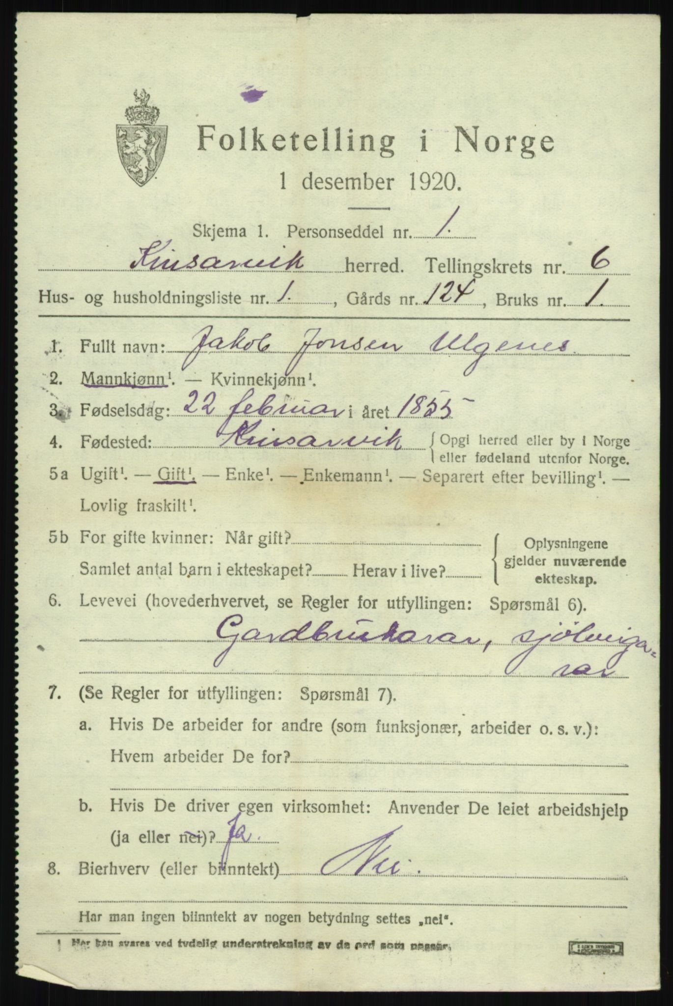 SAB, 1920 census for Kinsarvik, 1920, p. 2870
