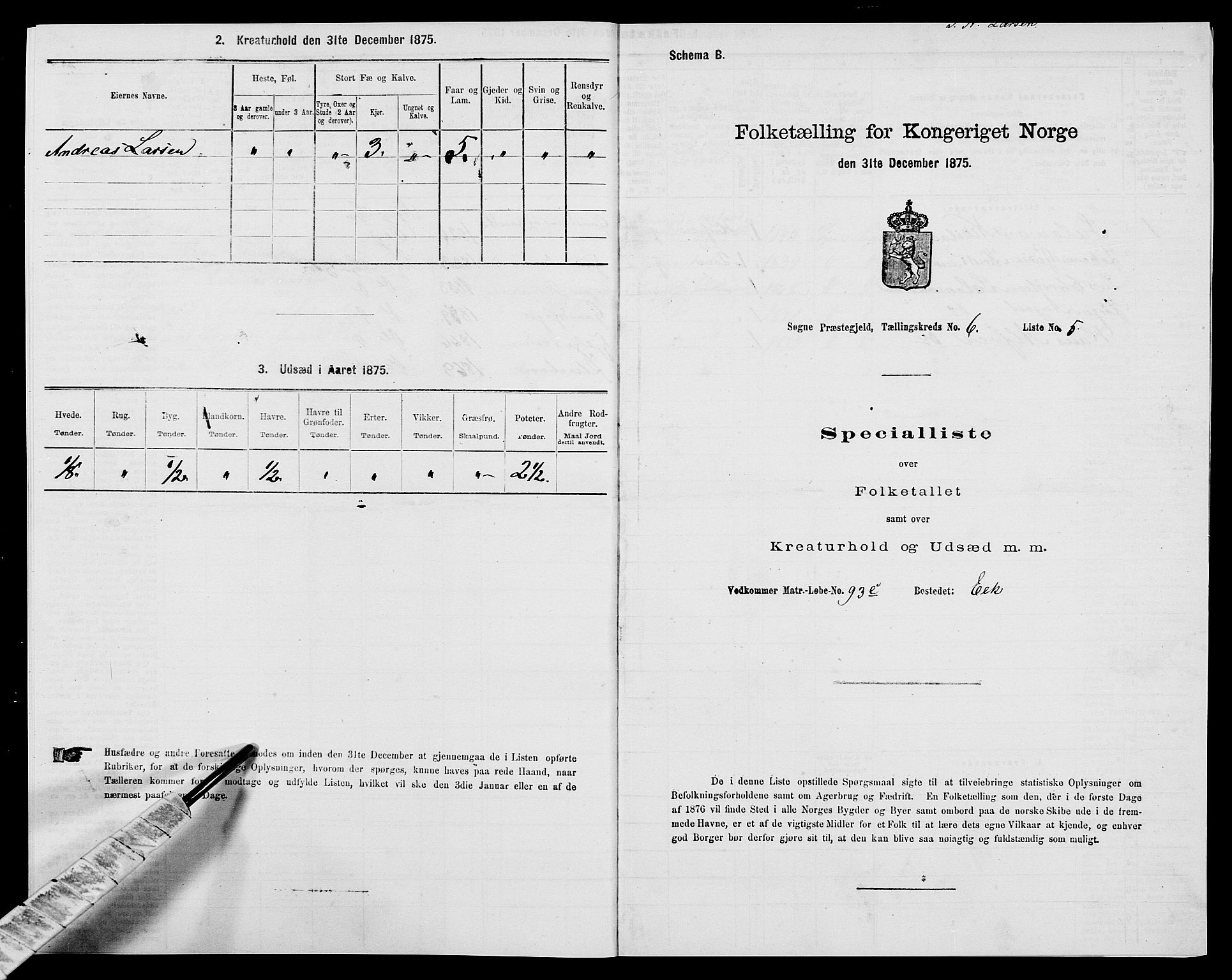 SAK, 1875 census for 1018P Søgne, 1875, p. 482