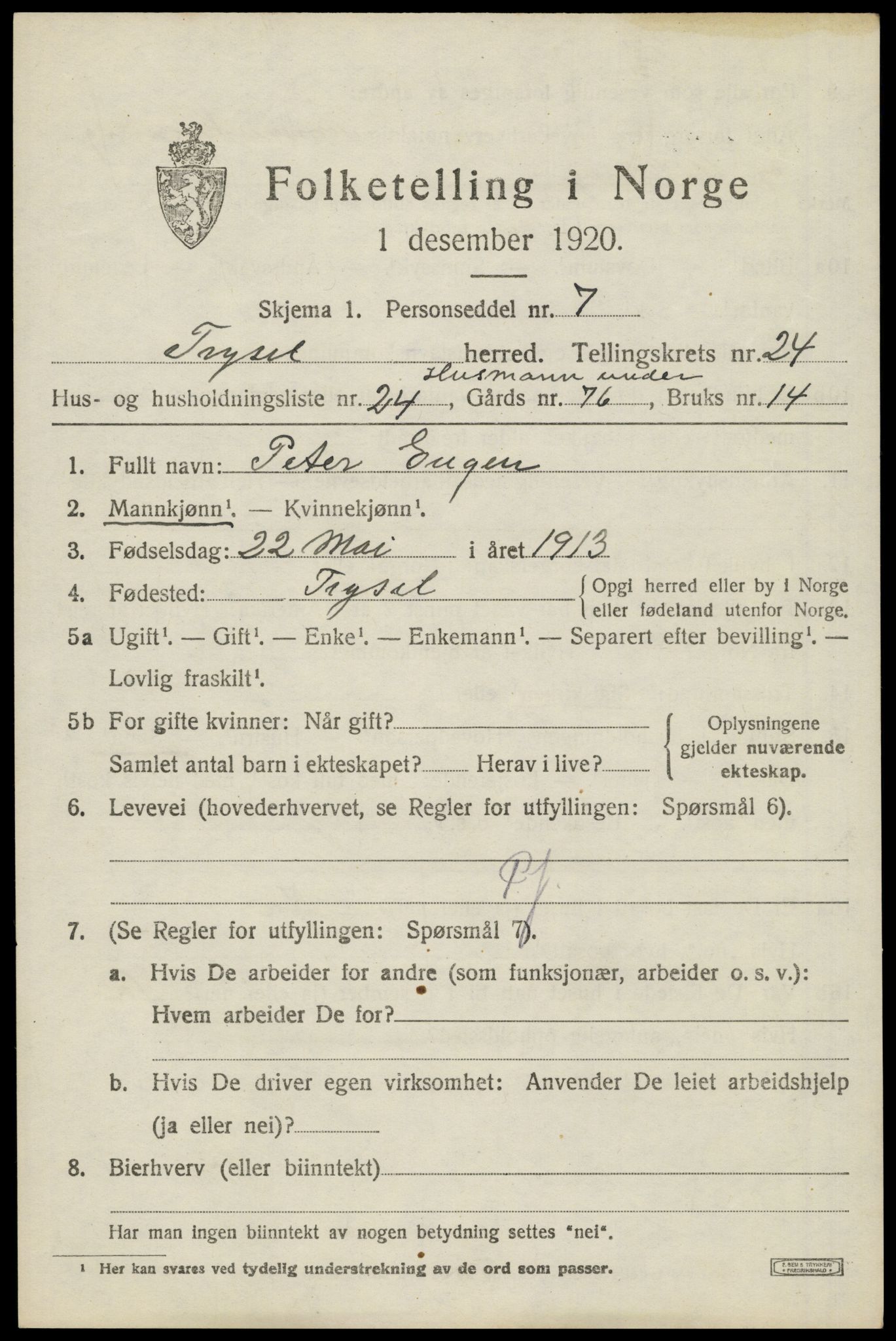 SAH, 1920 census for Trysil, 1920, p. 15515