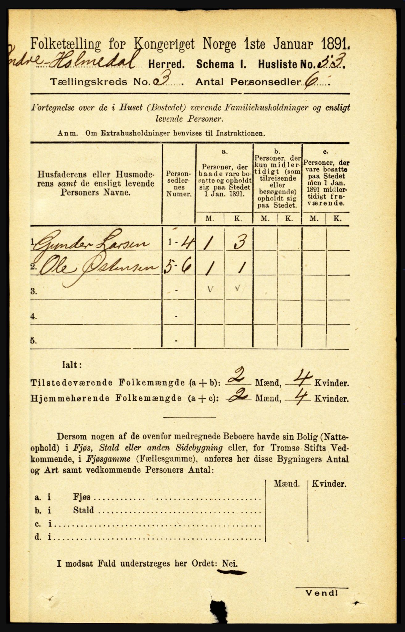 RA, 1891 census for 1430 Indre Holmedal, 1891, p. 890