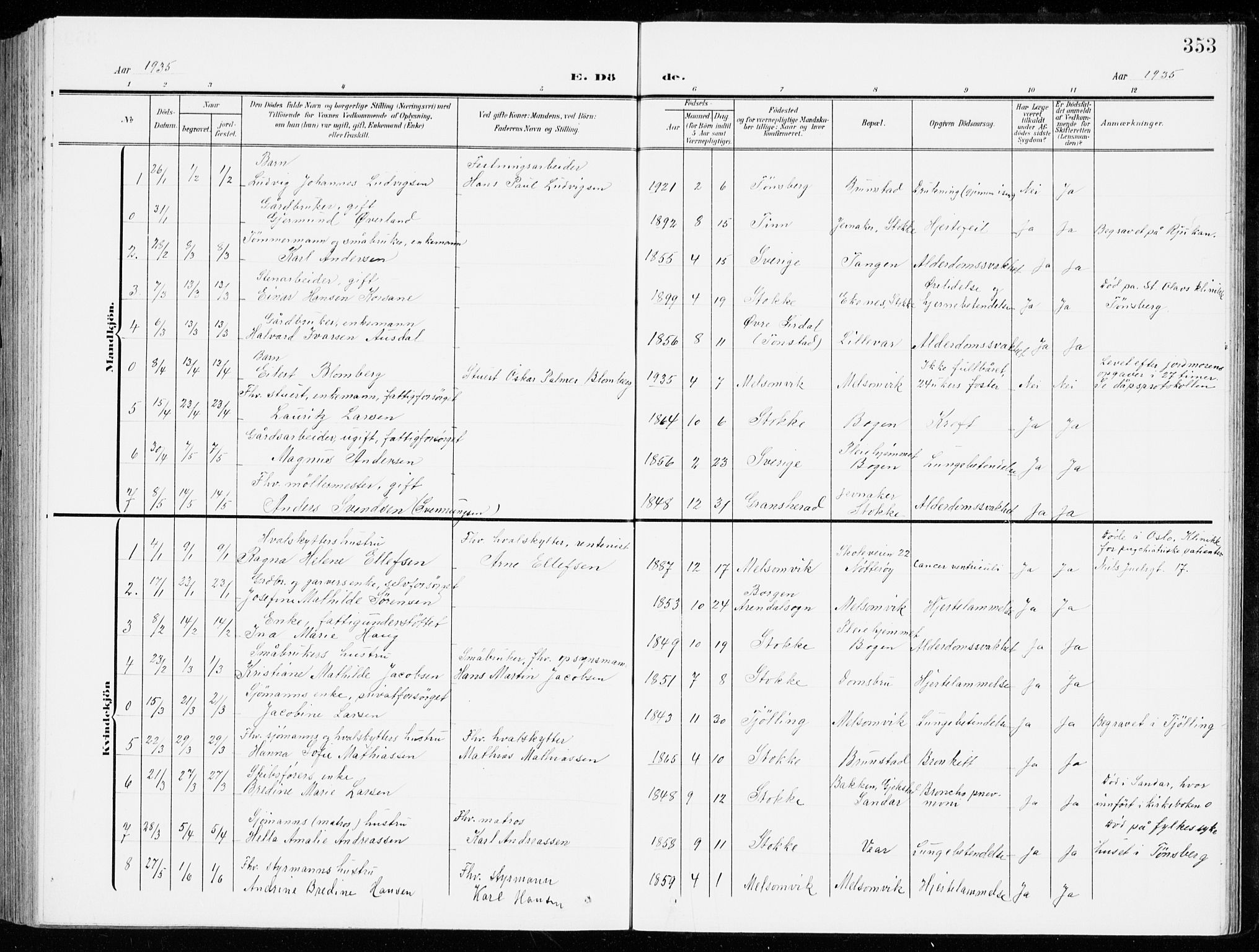 Stokke kirkebøker, SAKO/A-320/G/Ga/L0001: Parish register (copy) no. I 1, 1904-1940, p. 353