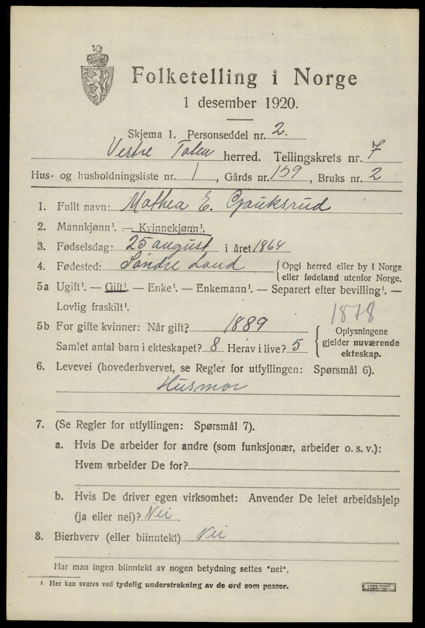 SAH, 1920 census for Vestre Toten, 1920, p. 9224