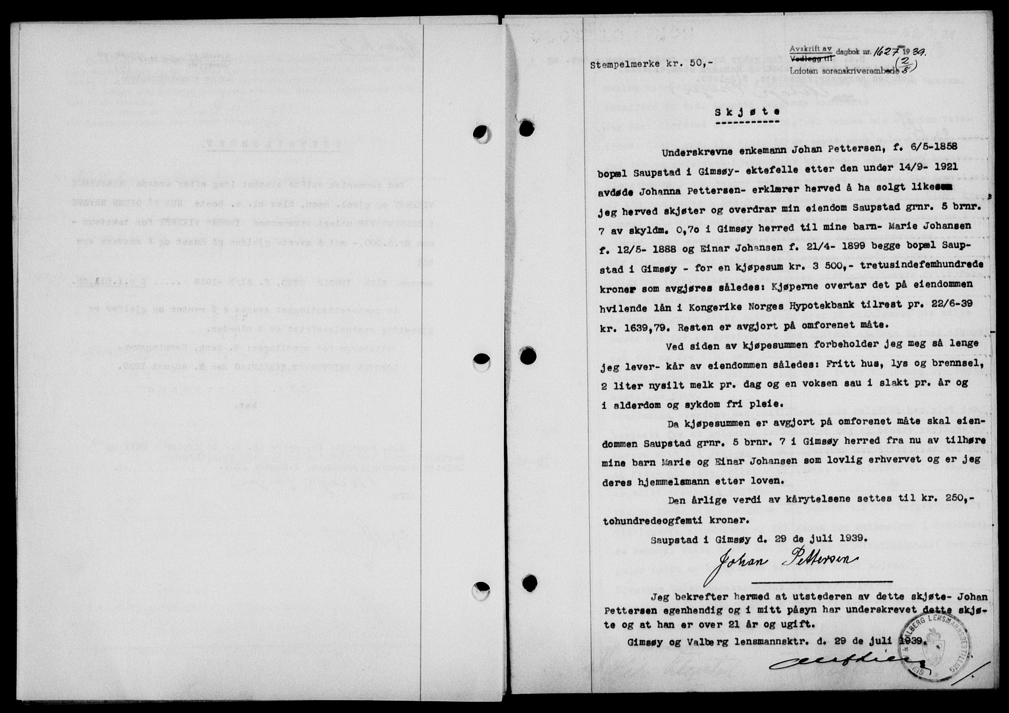 Lofoten sorenskriveri, SAT/A-0017/1/2/2C/L0006a: Mortgage book no. 6a, 1939-1939, Diary no: : 1627/1939