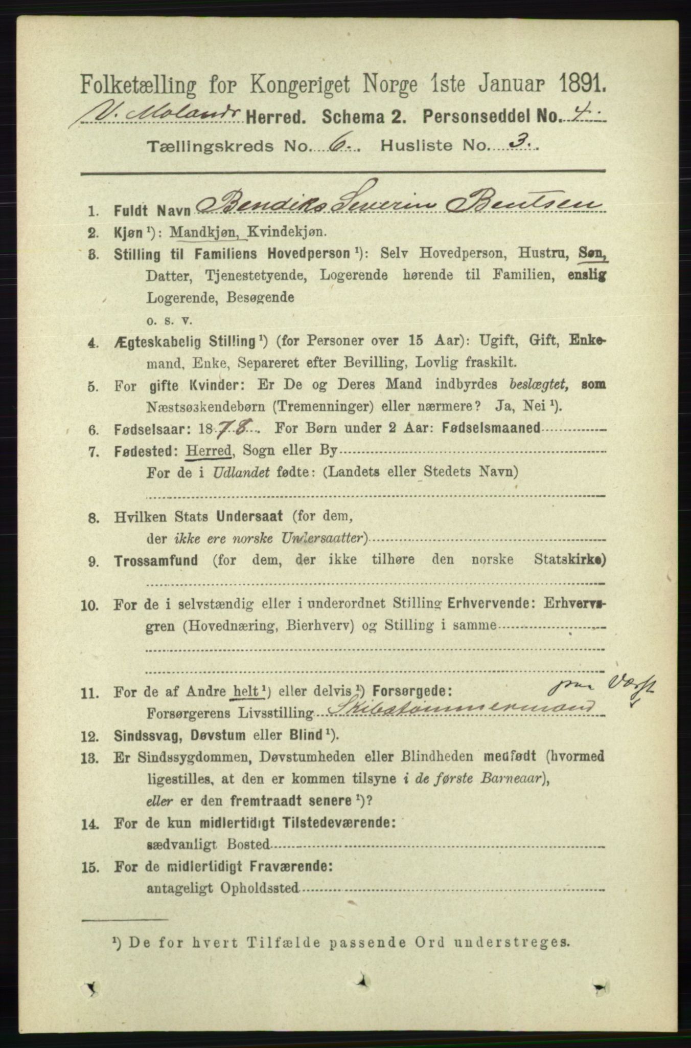 RA, 1891 census for 0926 Vestre Moland, 1891, p. 2360