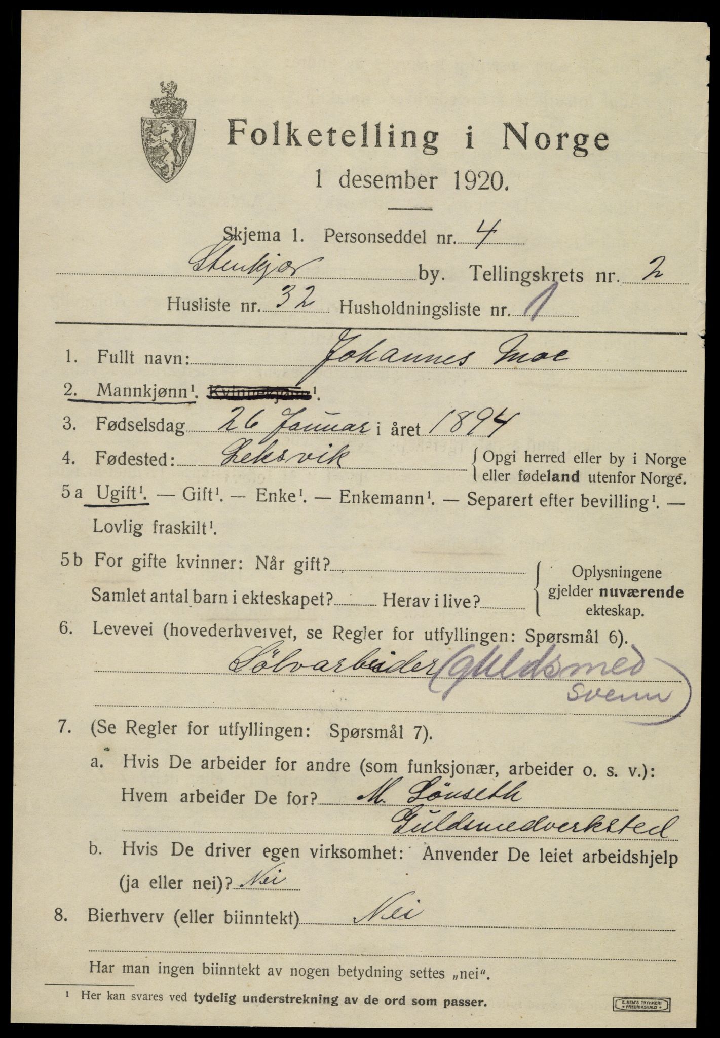SAT, 1920 census for Steinkjer, 1920, p. 4858