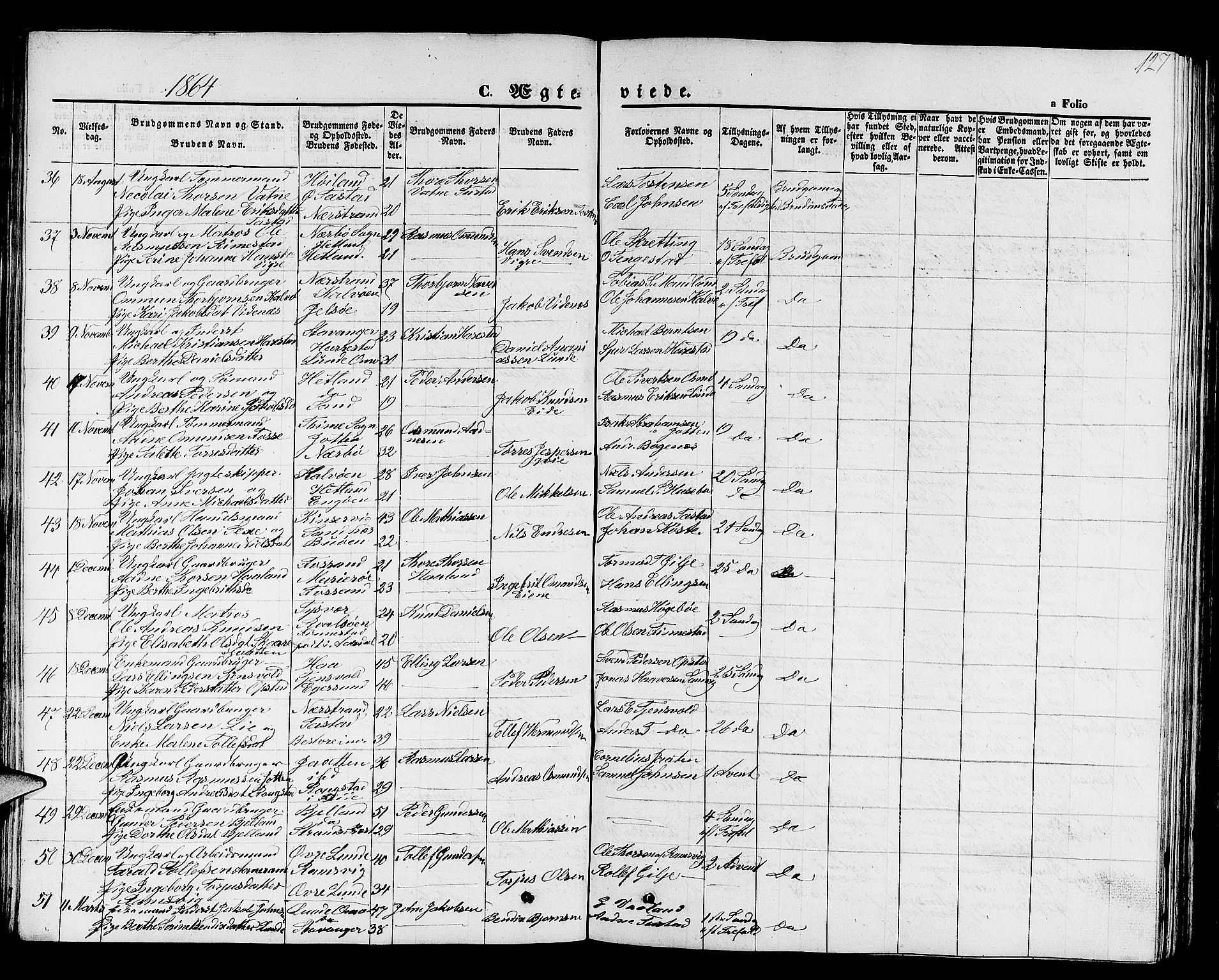 Hetland sokneprestkontor, AV/SAST-A-101826/30/30BB/L0001: Parish register (copy) no. B 1, 1850-1868, p. 127