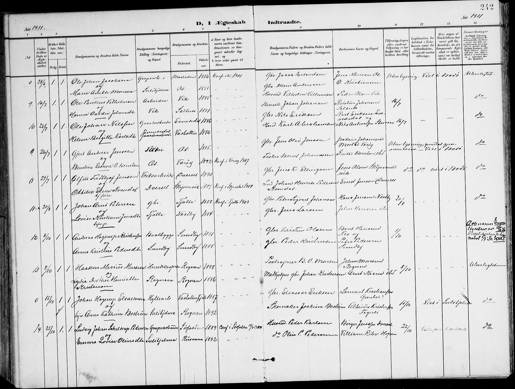 Ministerialprotokoller, klokkerbøker og fødselsregistre - Nordland, AV/SAT-A-1459/847/L0672: Parish register (official) no. 847A12, 1902-1919, p. 242