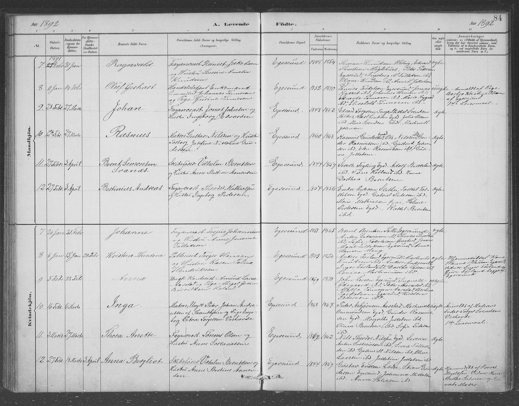 Eigersund sokneprestkontor, AV/SAST-A-101807/S09/L0008: Parish register (copy) no. B 8, 1882-1892, p. 84