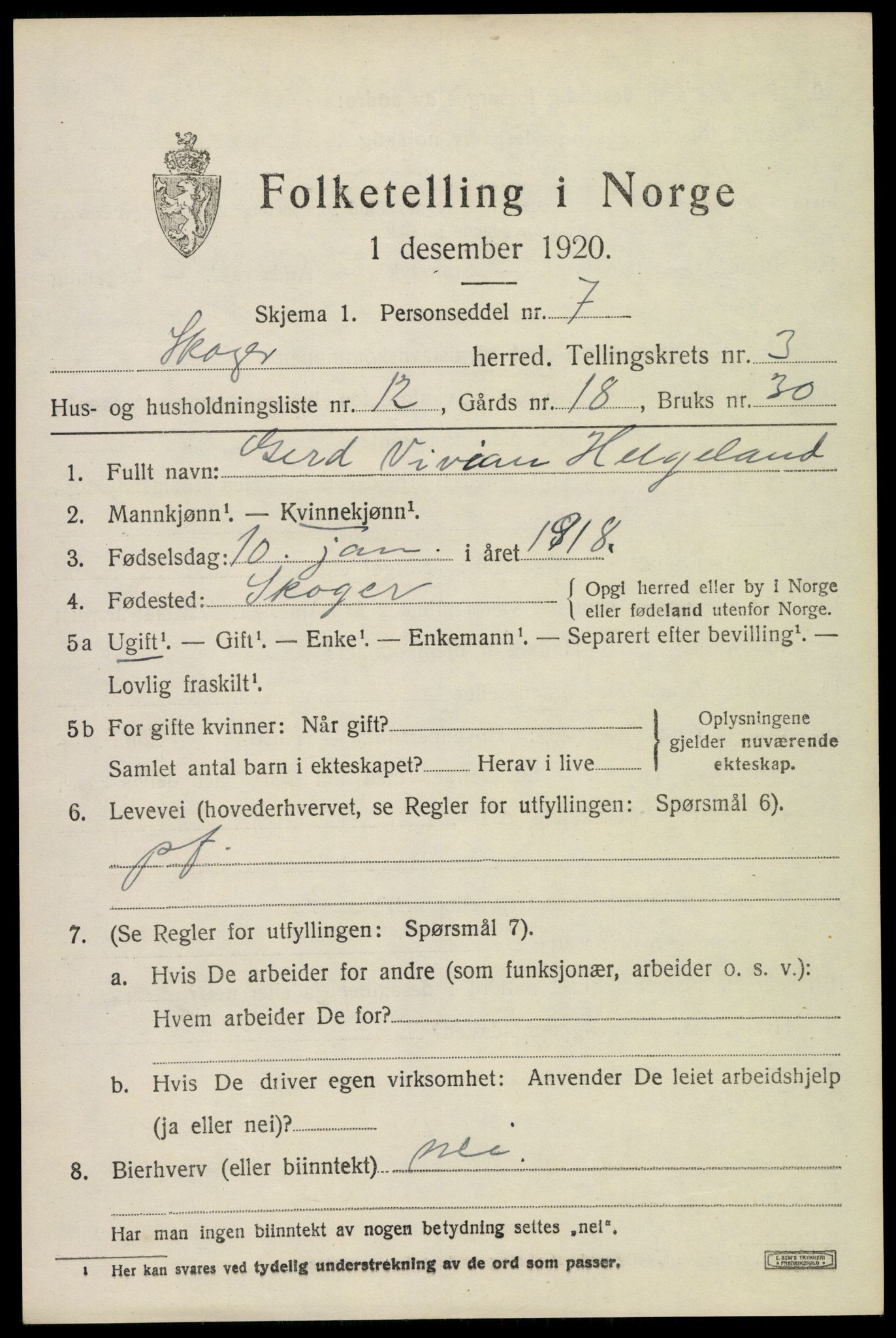 SAKO, 1920 census for Skoger, 1920, p. 7505