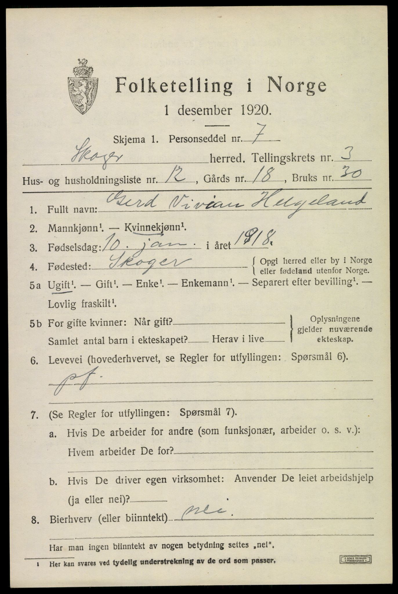 SAKO, 1920 census for Skoger, 1920, p. 7505