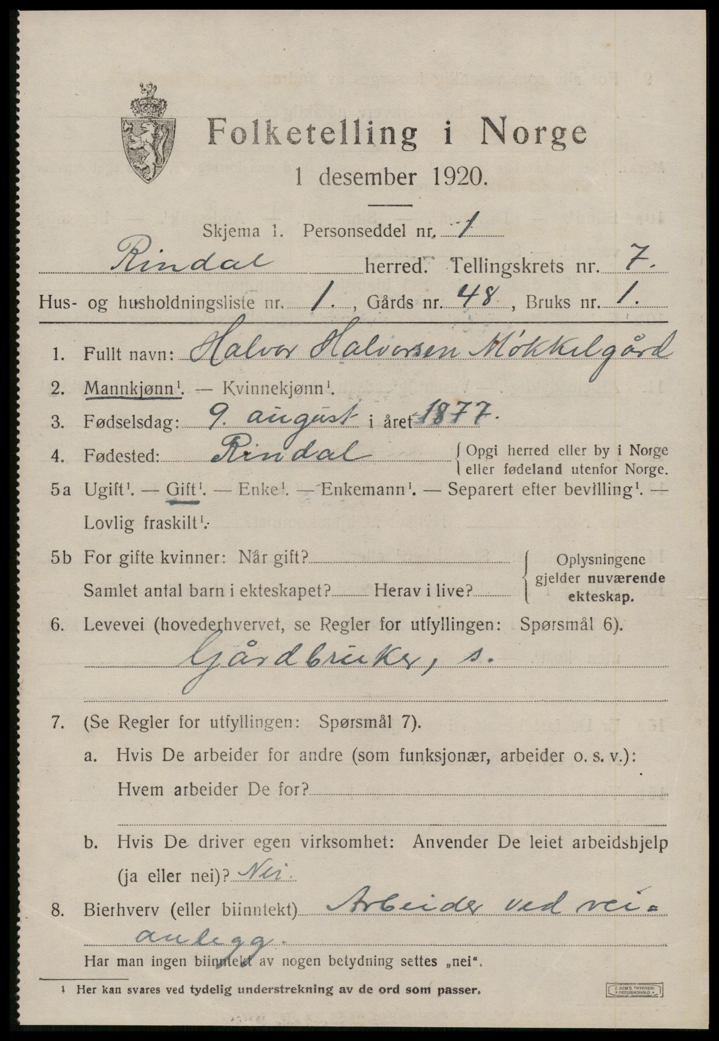 SAT, 1920 census for Rindal, 1920, p. 3540