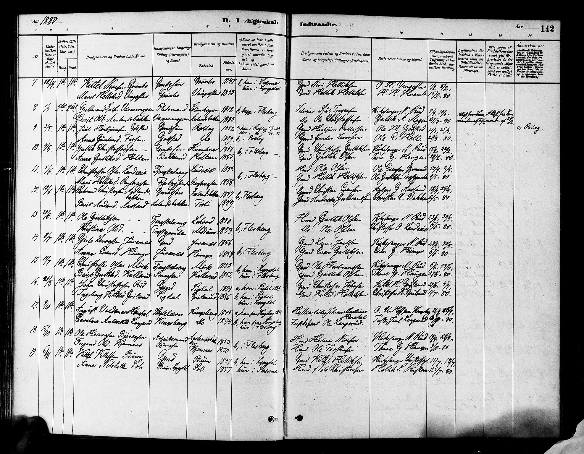 Flesberg kirkebøker, AV/SAKO-A-18/F/Fa/L0008: Parish register (official) no. I 8, 1879-1899, p. 142