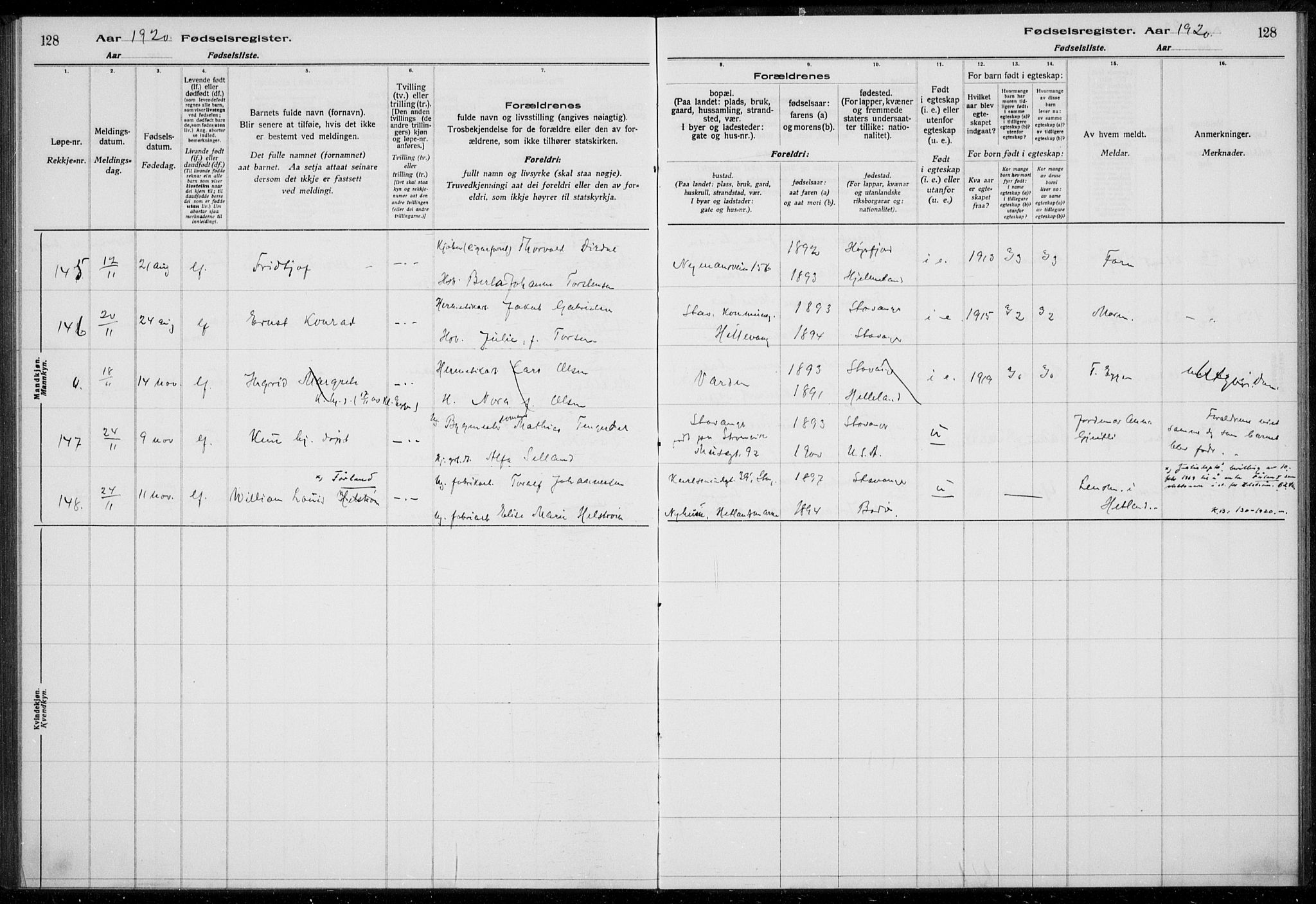 Hetland sokneprestkontor, AV/SAST-A-101826/70/704BA/L0003: Birth register no. 1, 1916-1923, p. 128