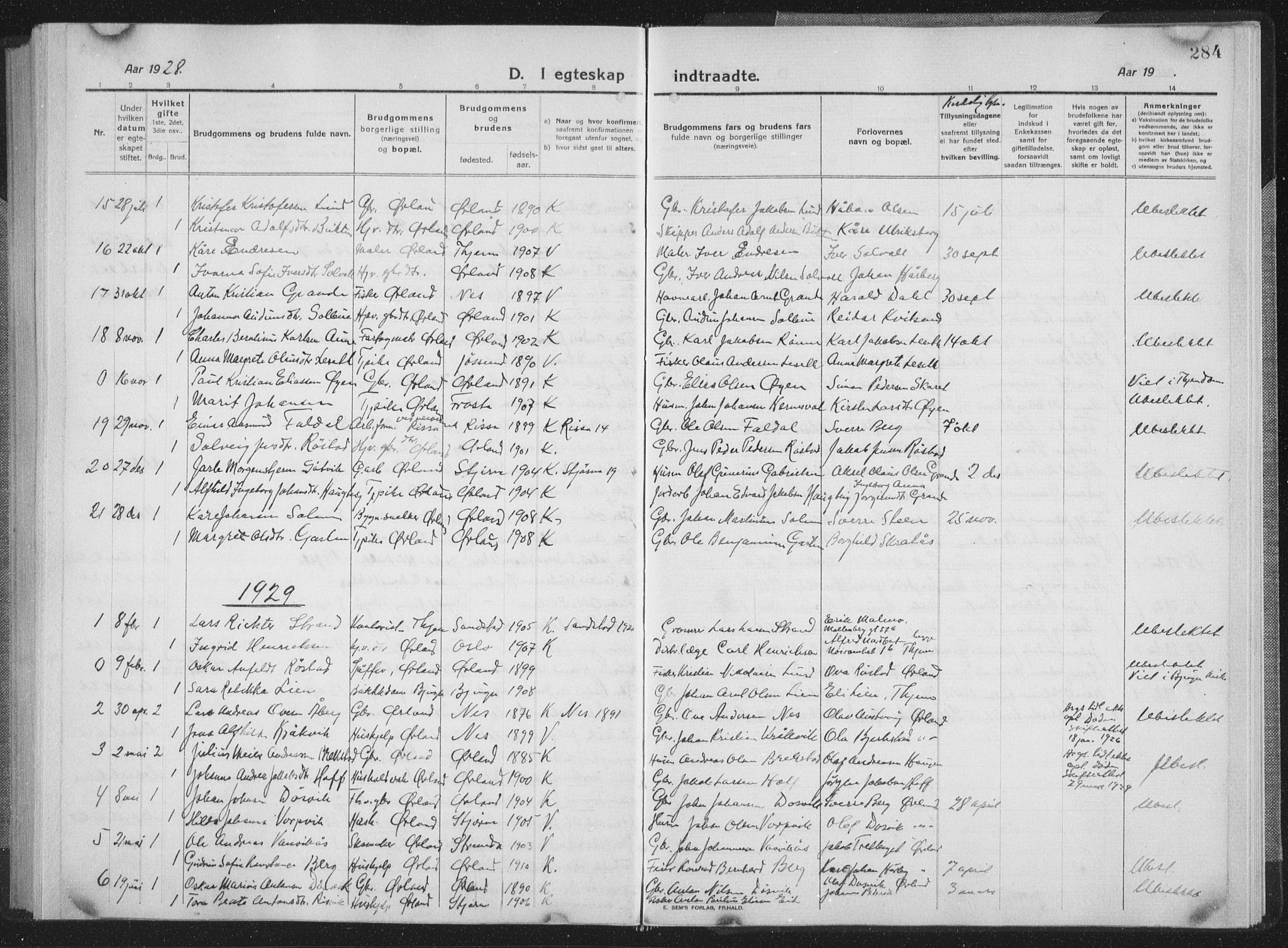 Ministerialprotokoller, klokkerbøker og fødselsregistre - Sør-Trøndelag, SAT/A-1456/659/L0747: Parish register (copy) no. 659C04, 1913-1938, p. 284