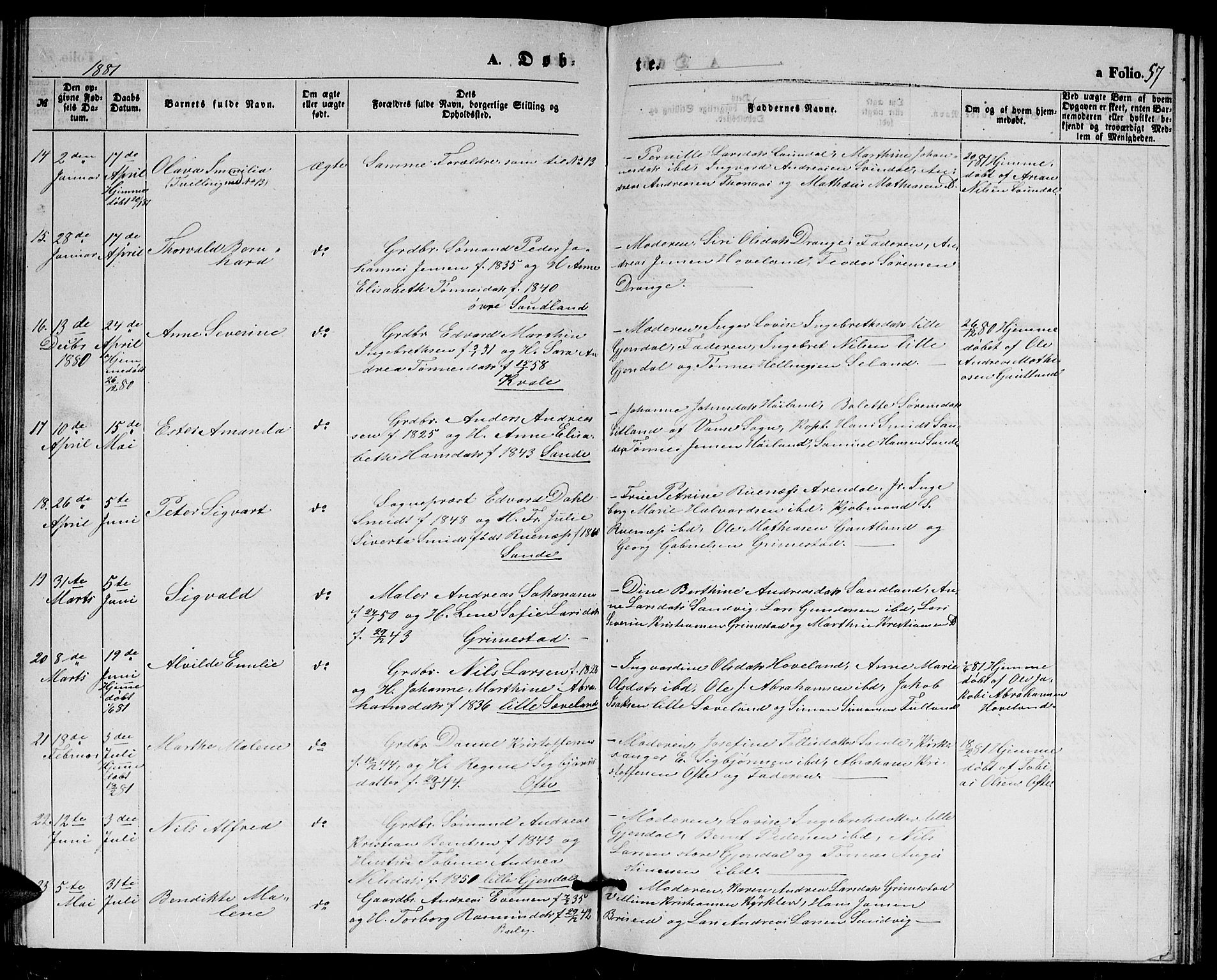 Herad sokneprestkontor, AV/SAK-1111-0018/F/Fb/Fba/L0003: Parish register (copy) no. B 3, 1863-1883, p. 57