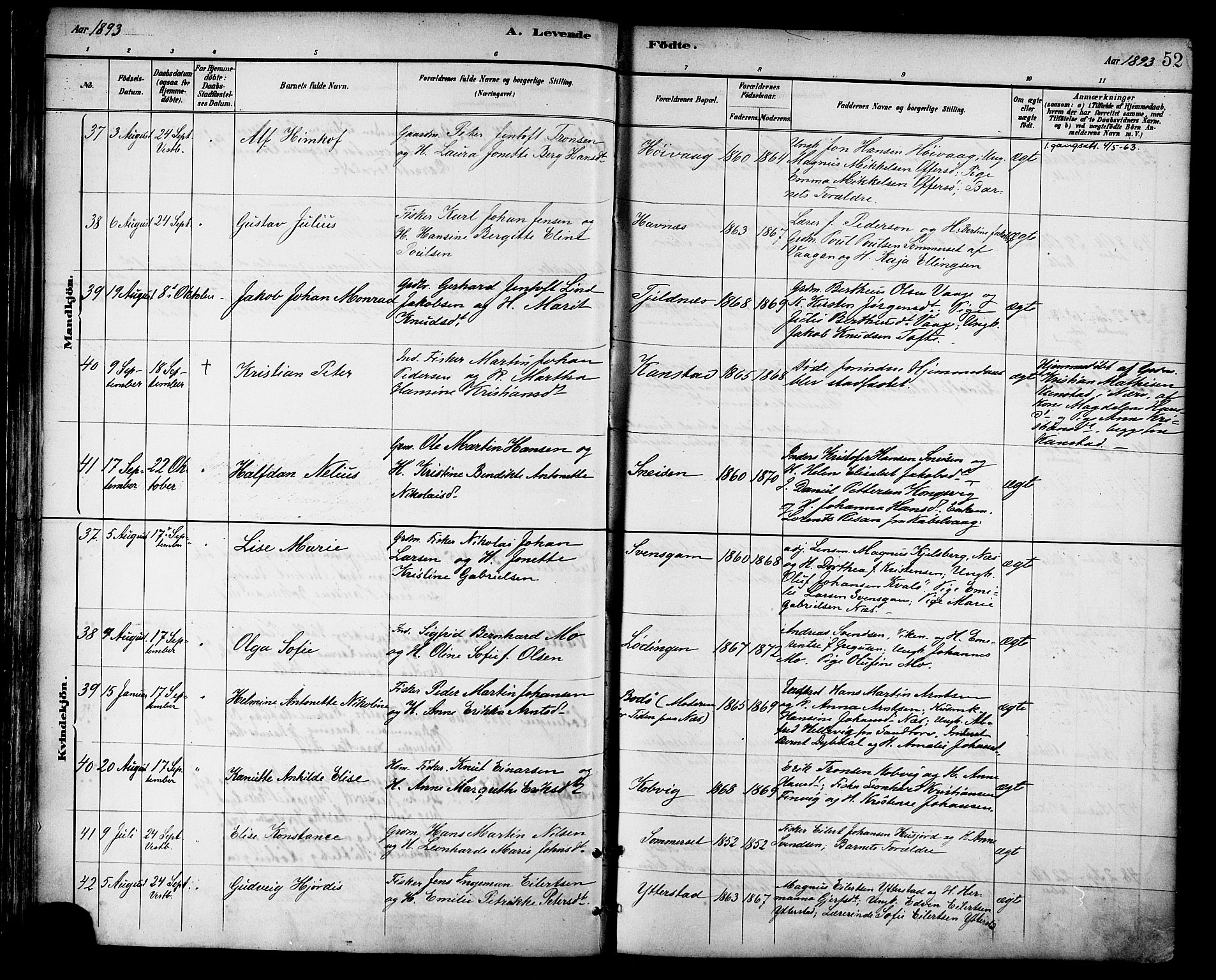 Ministerialprotokoller, klokkerbøker og fødselsregistre - Nordland, AV/SAT-A-1459/872/L1035: Parish register (official) no. 872A10, 1884-1896, p. 52