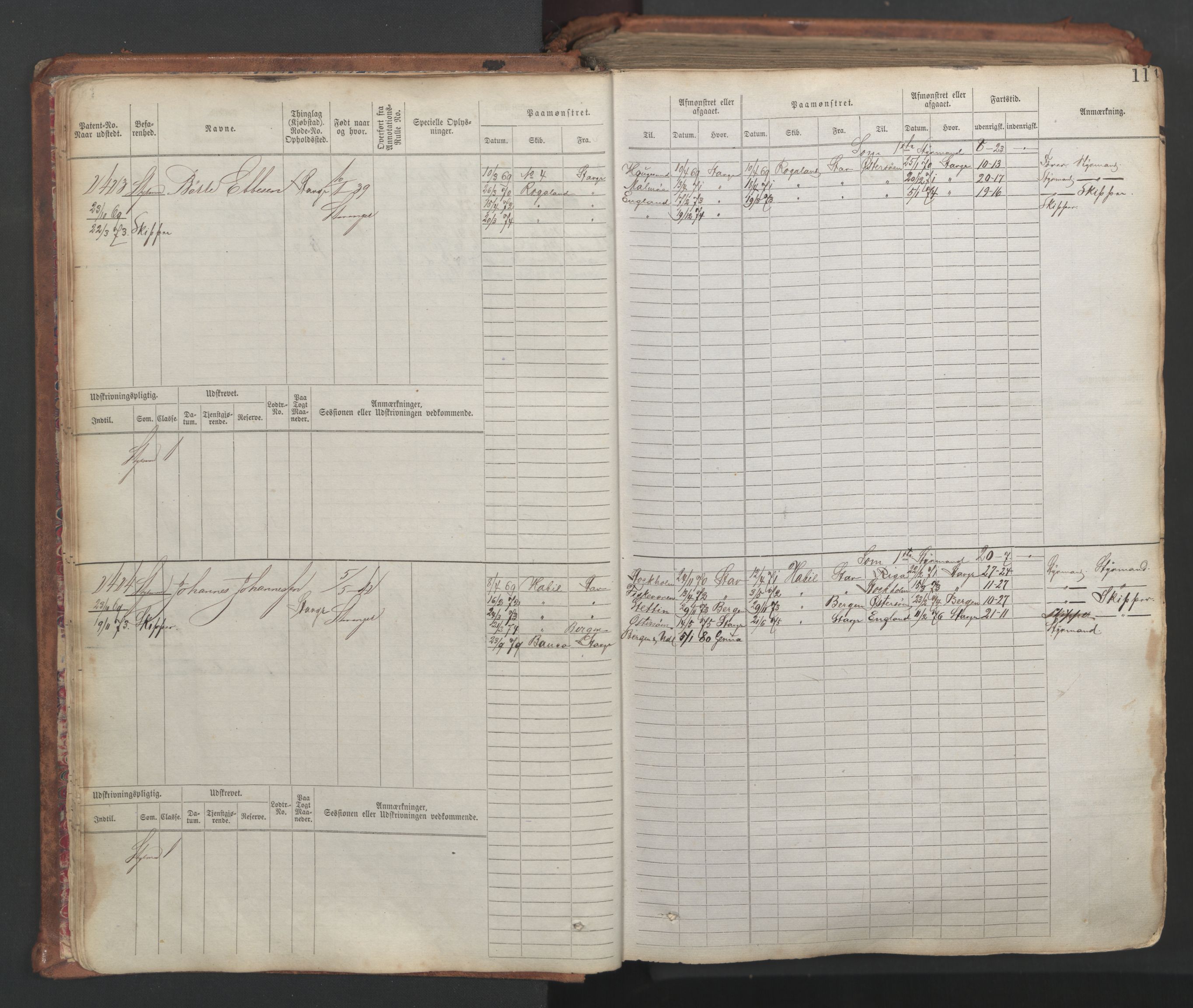 Stavanger sjømannskontor, AV/SAST-A-102006/F/Fb/Fbb/L0007: Sjøfartshovedrulle, patentnr. 2403-3604, 1869-1880, p. 14