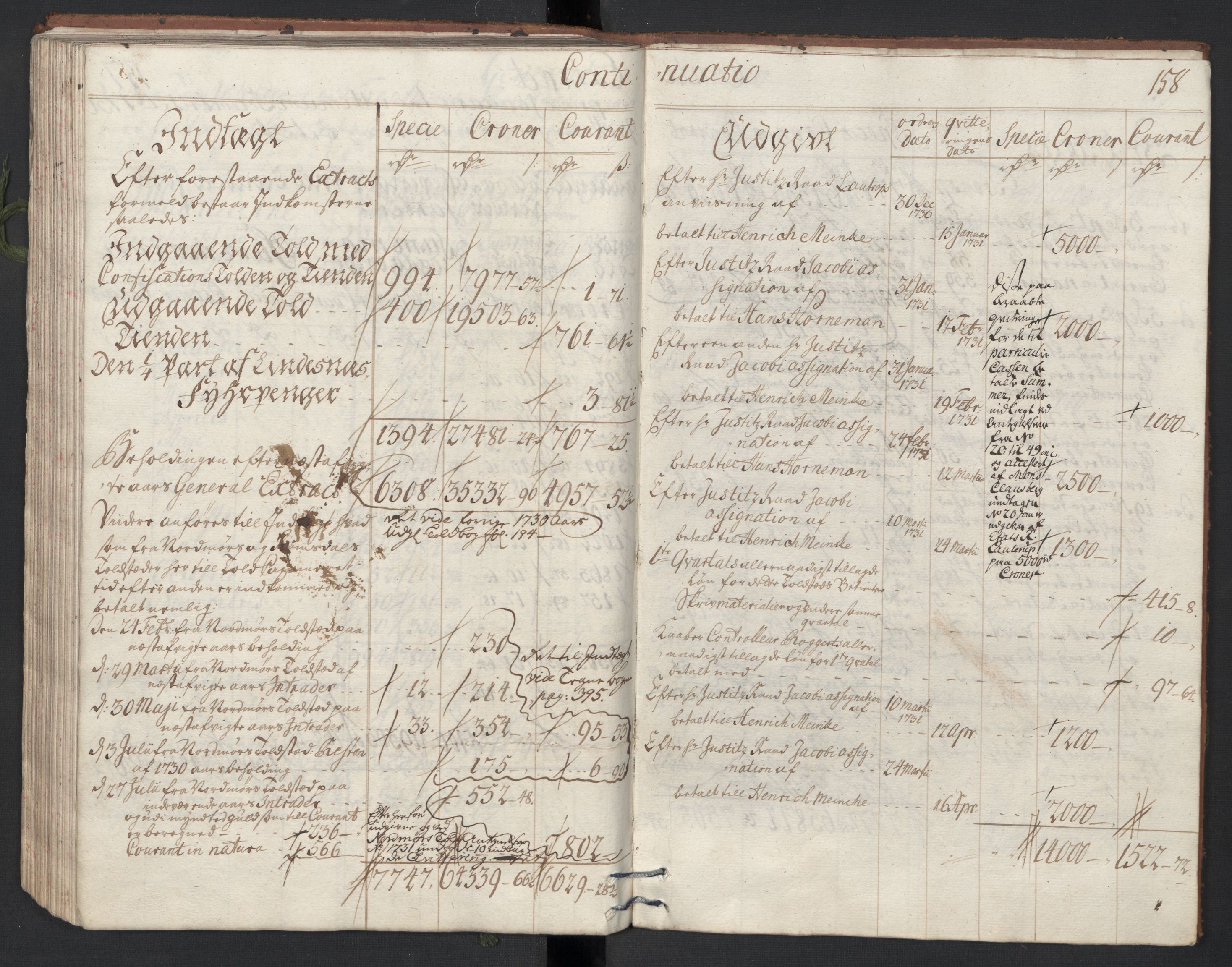 Generaltollkammeret, tollregnskaper, RA/EA-5490/R33/L0013/0002: Tollregnskaper Trondheim A / Utgående tollbok, 1731, p. 157b-158a