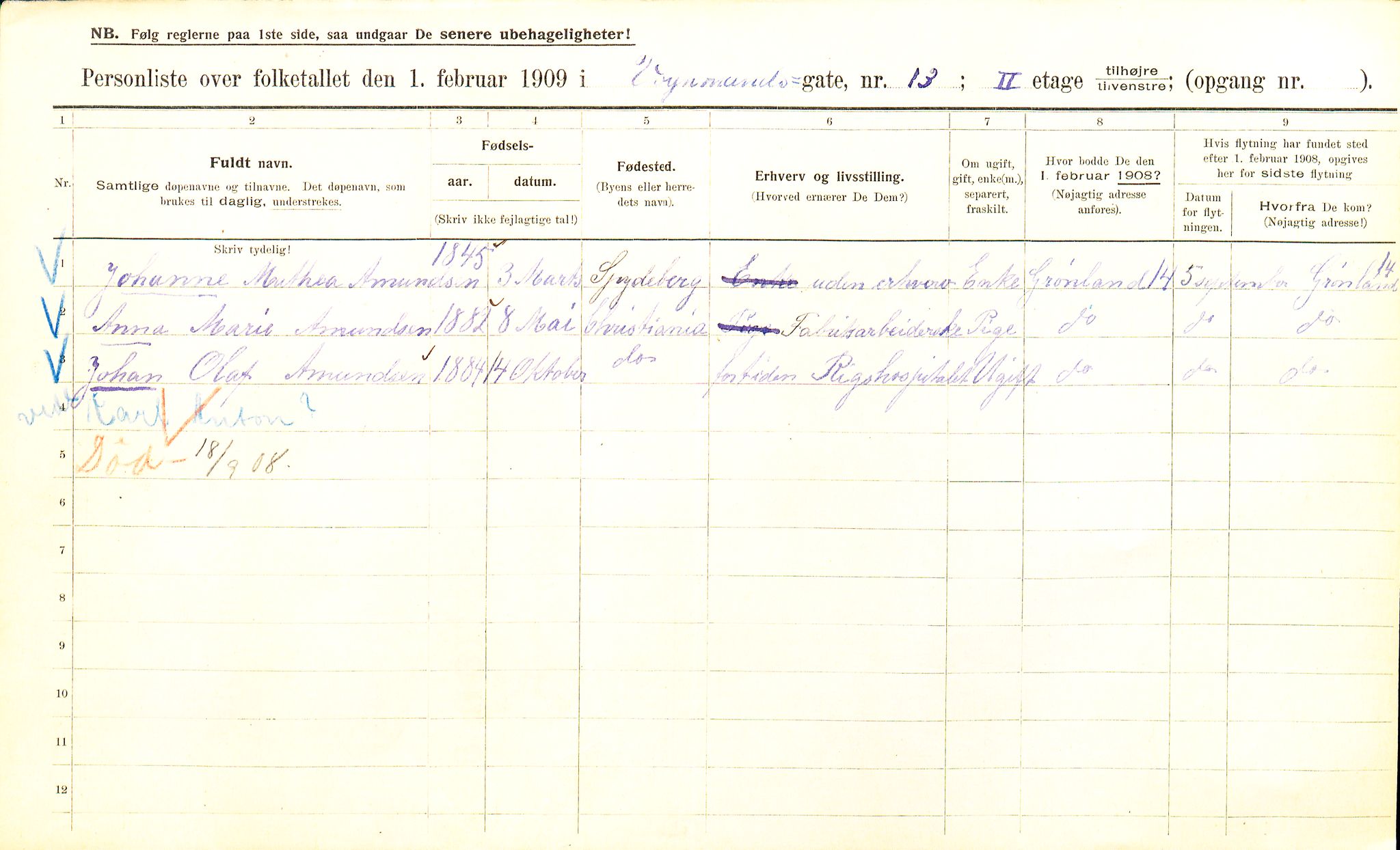 OBA, Municipal Census 1909 for Kristiania, 1909, p. 112655