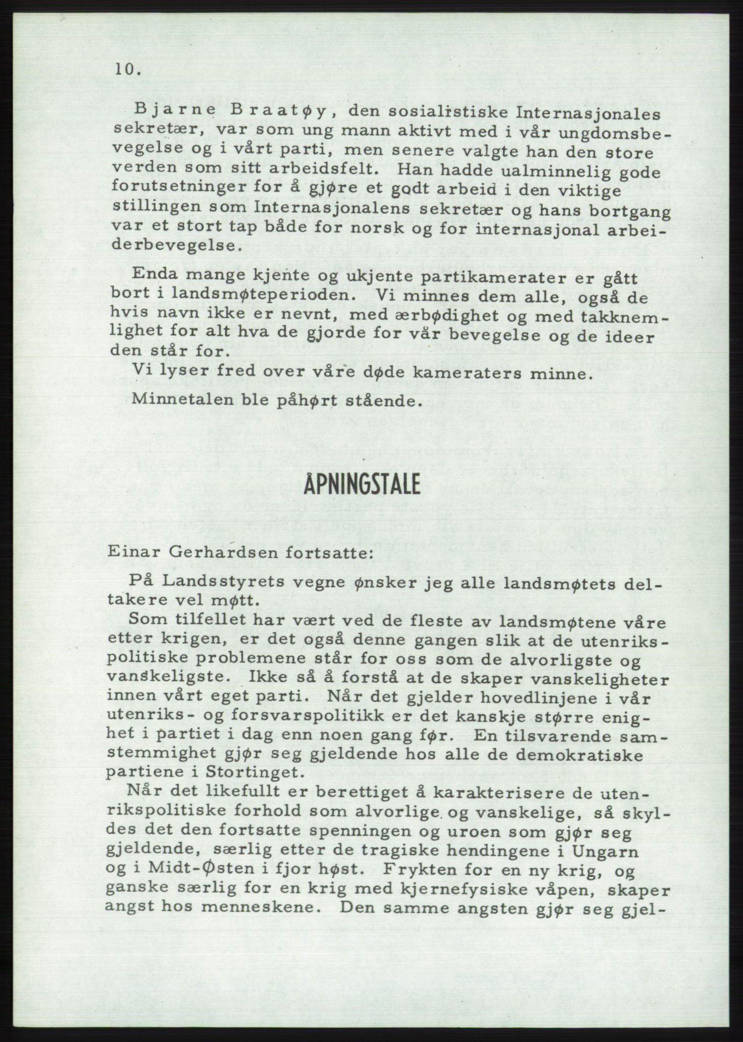 Det norske Arbeiderparti - publikasjoner, AAB/-/-/-: Protokoll over forhandlingene på det 36. ordinære landsmøte 30.-31. mai og 1. juni 1957 i Oslo, 1957, p. 10