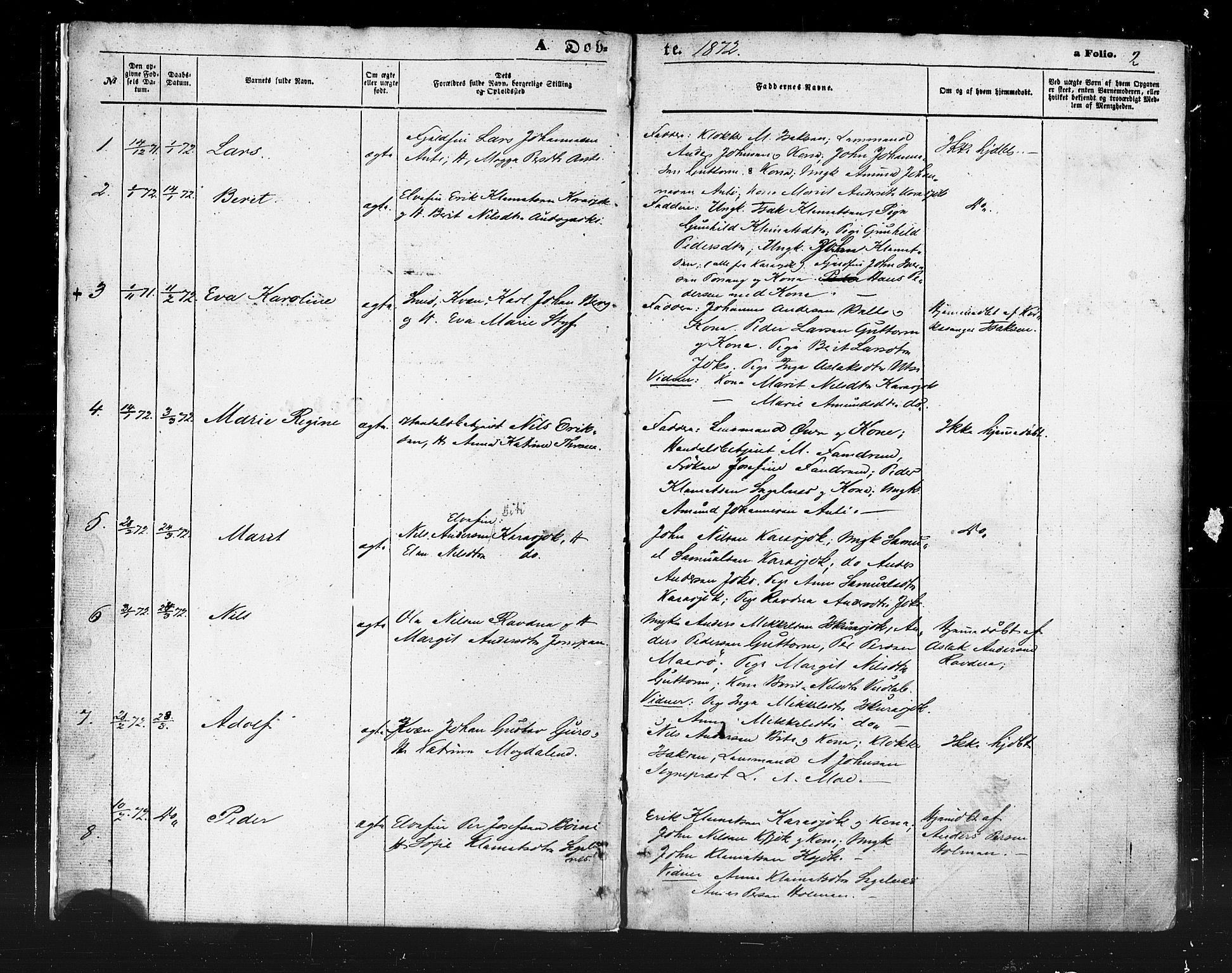 Karasjok sokneprestkontor, SATØ/S-1352/H/Ha/L0001kirke: Parish register (official) no. 1, 1872-1884, p. 2