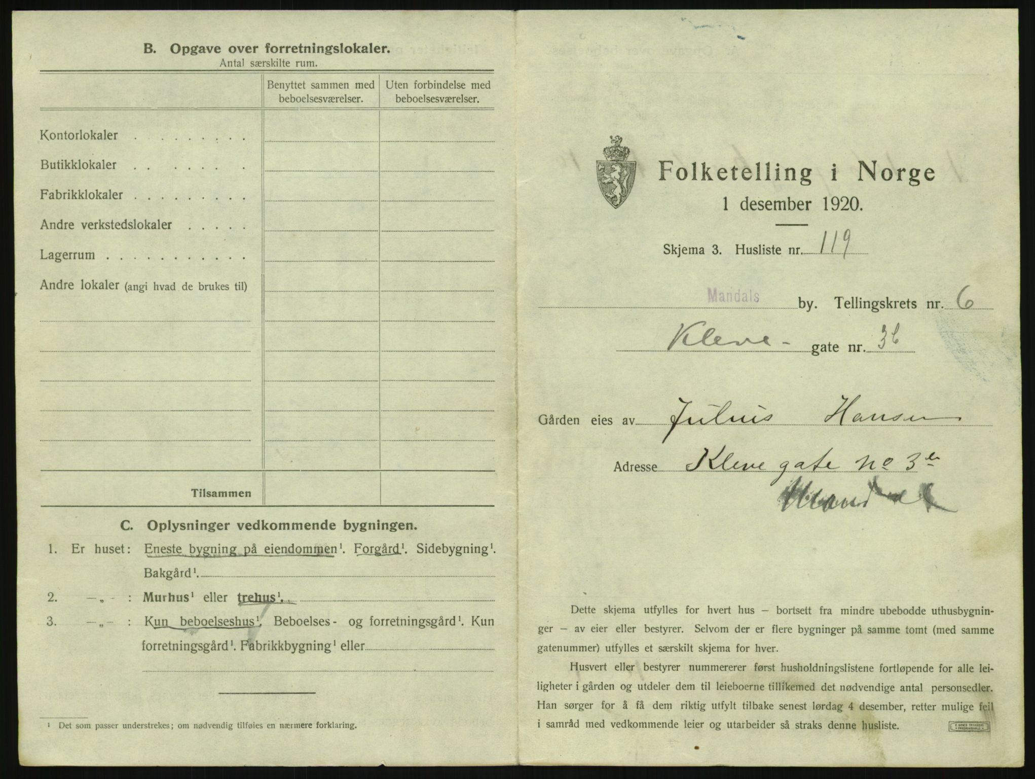 SAK, 1920 census for Mandal, 1920, p. 1421