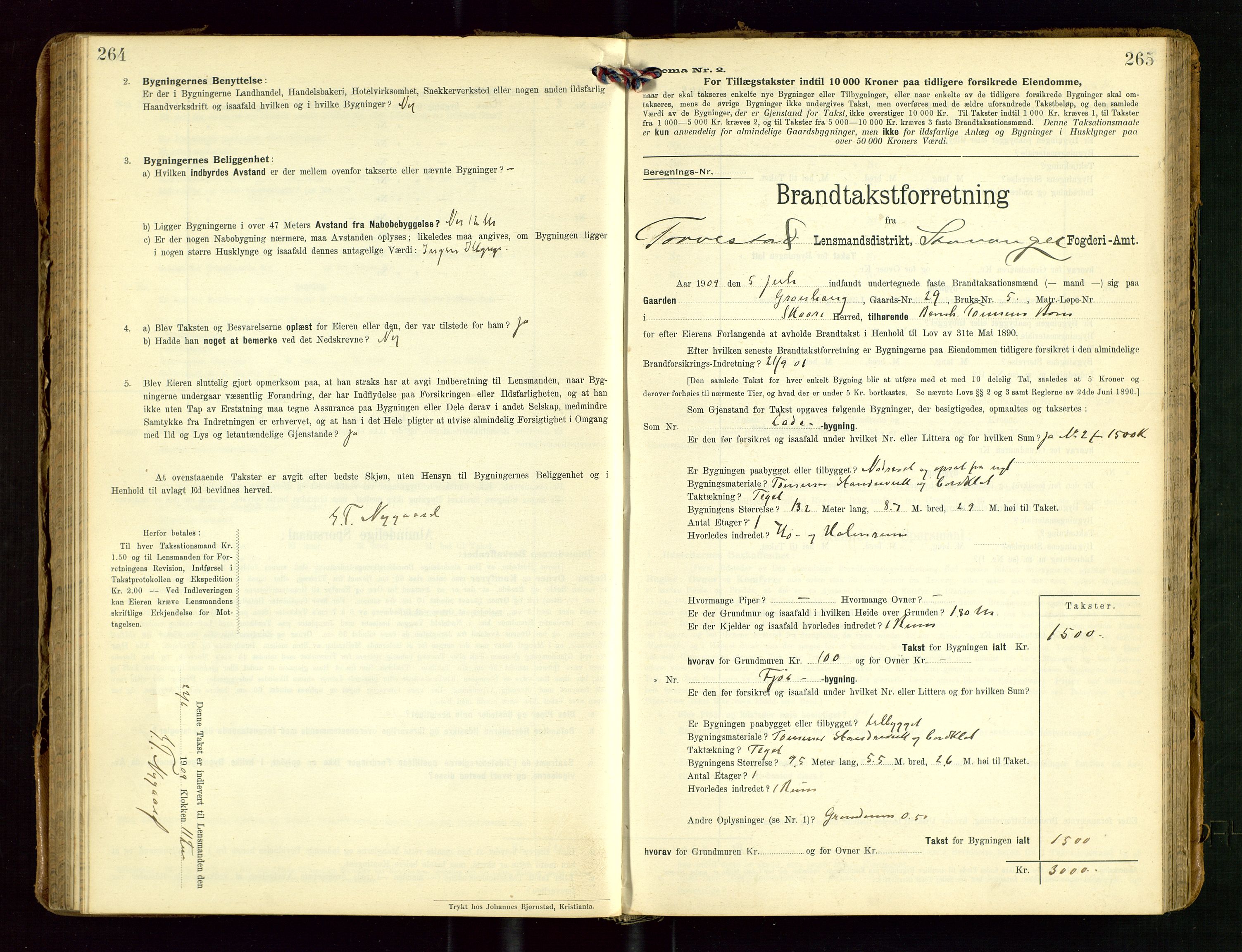 Torvestad lensmannskontor, SAST/A-100307/1/Gob/L0004: "Brandtaxationsprotokol for Torvestad Lensmannsdistrikt", 1909-1923, p. 264-265