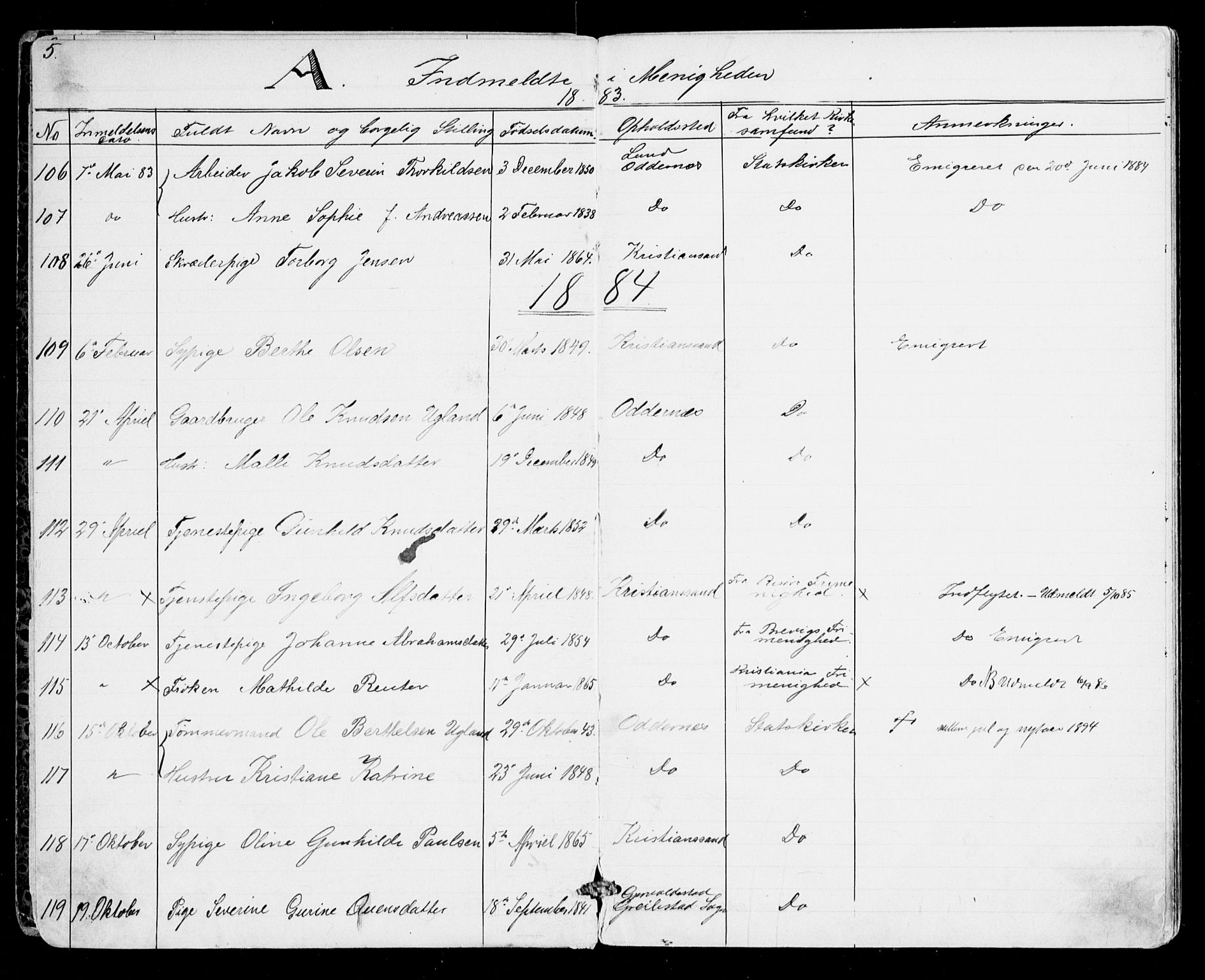 Den evangelisk-lutherske frikirke, Kristiansand, SAK/1292-0017/F/Fa/L0001: Dissenter register no. F 9, 1877-1888, p. 5