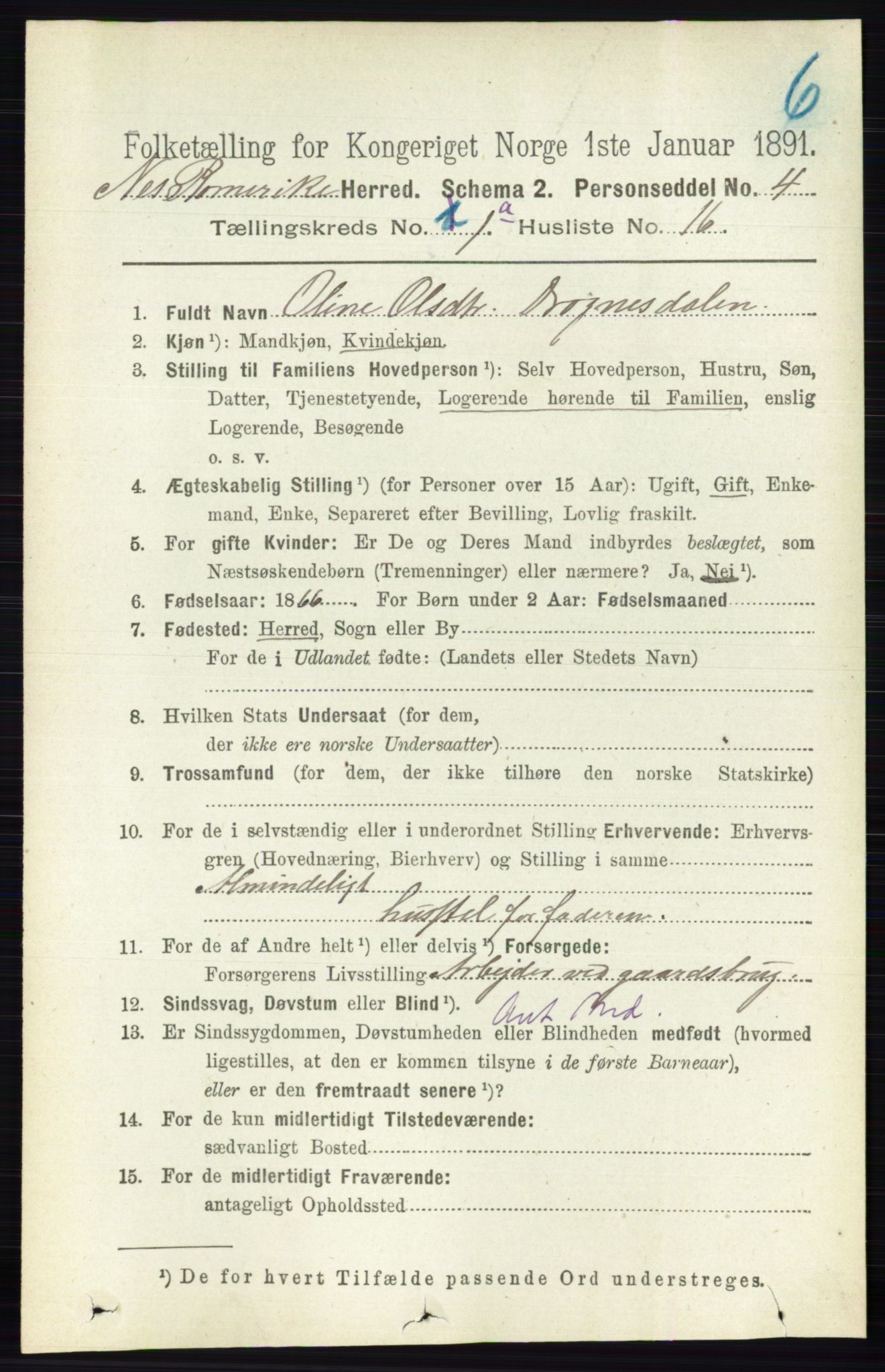 RA, 1891 census for 0236 Nes, 1891, p. 212