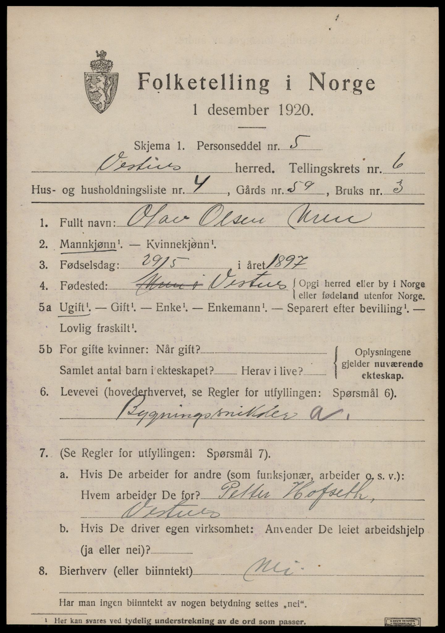 SAT, 1920 census for Vestnes, 1920, p. 4351