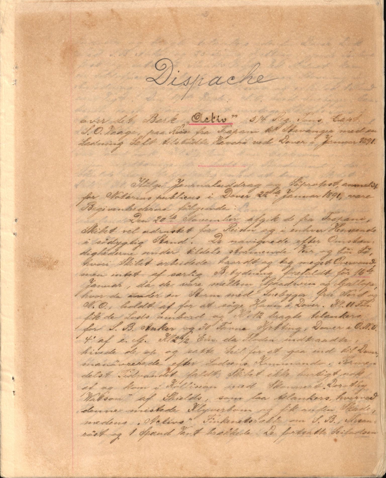 Pa 63 - Østlandske skibsassuranceforening, VEMU/A-1079/G/Ga/L0027/0001: Havaridokumenter / Magnolia, Kong Carl, Louise, Lindsay, Activ av Flekkefjord, 1891, p. 66