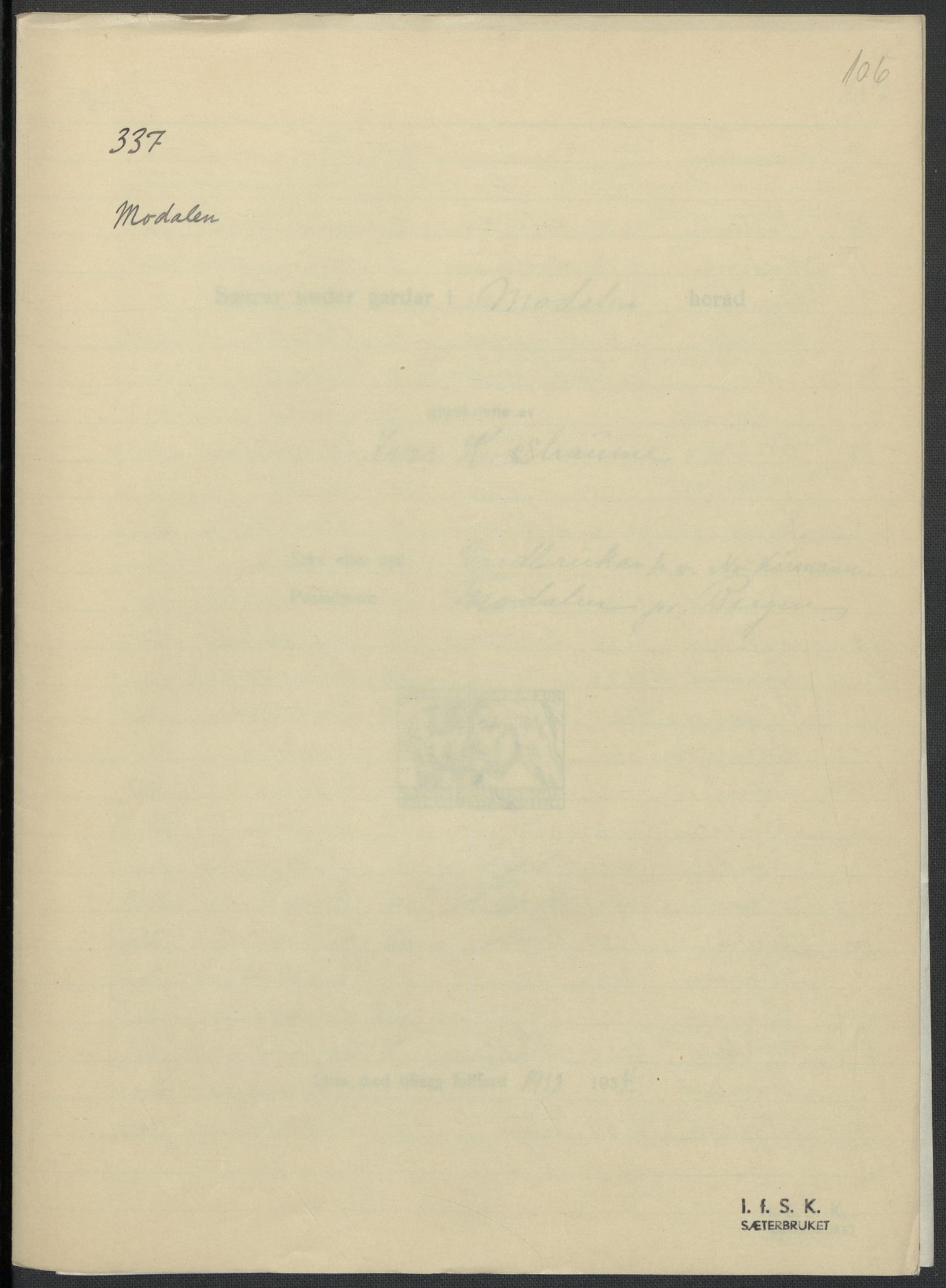 Instituttet for sammenlignende kulturforskning, AV/RA-PA-0424/F/Fc/L0010/0001: Eske B10: / Hordaland (perm XXV), 1932-1939, p. 106