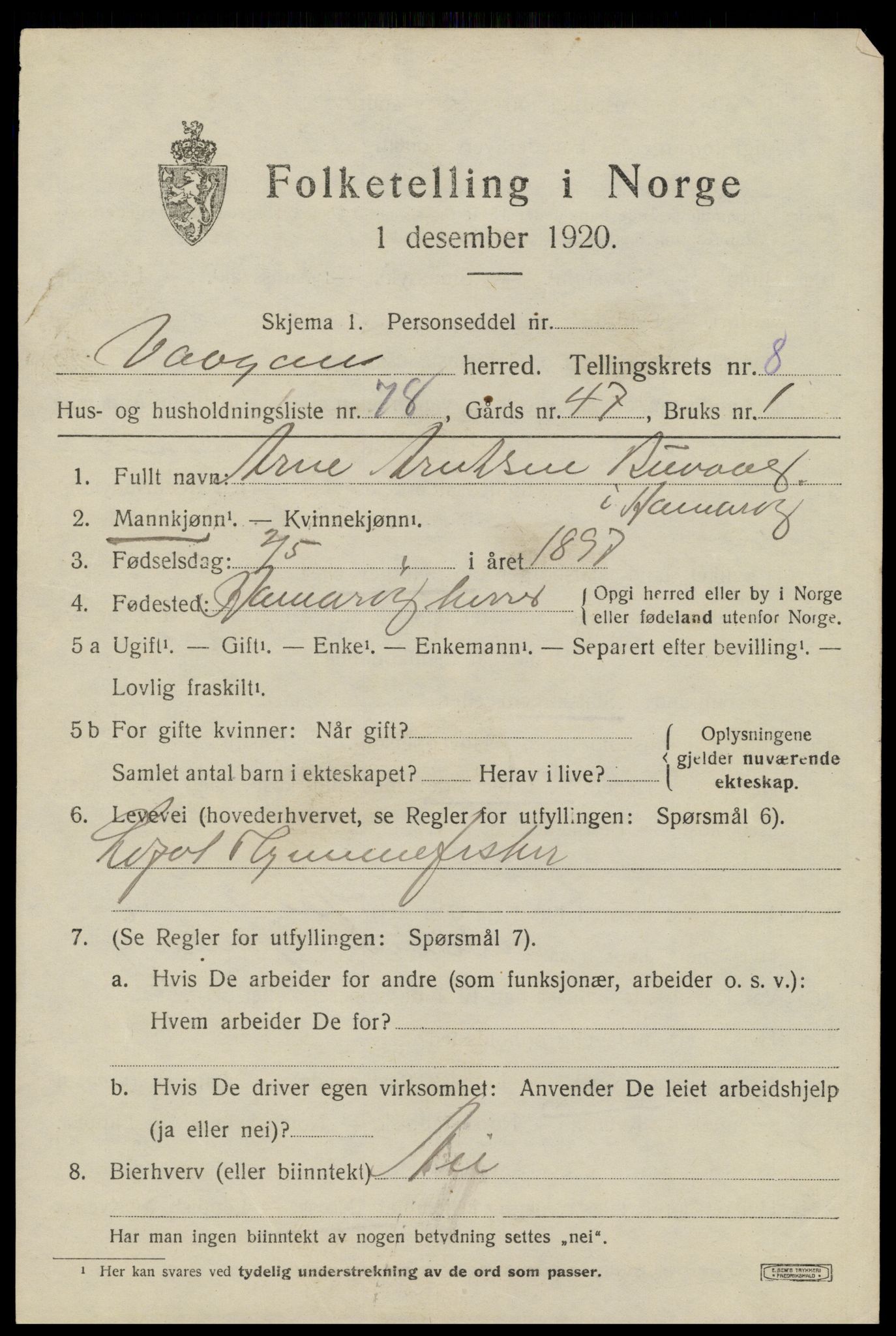 SAT, 1920 census for Vågan, 1920, p. 8095