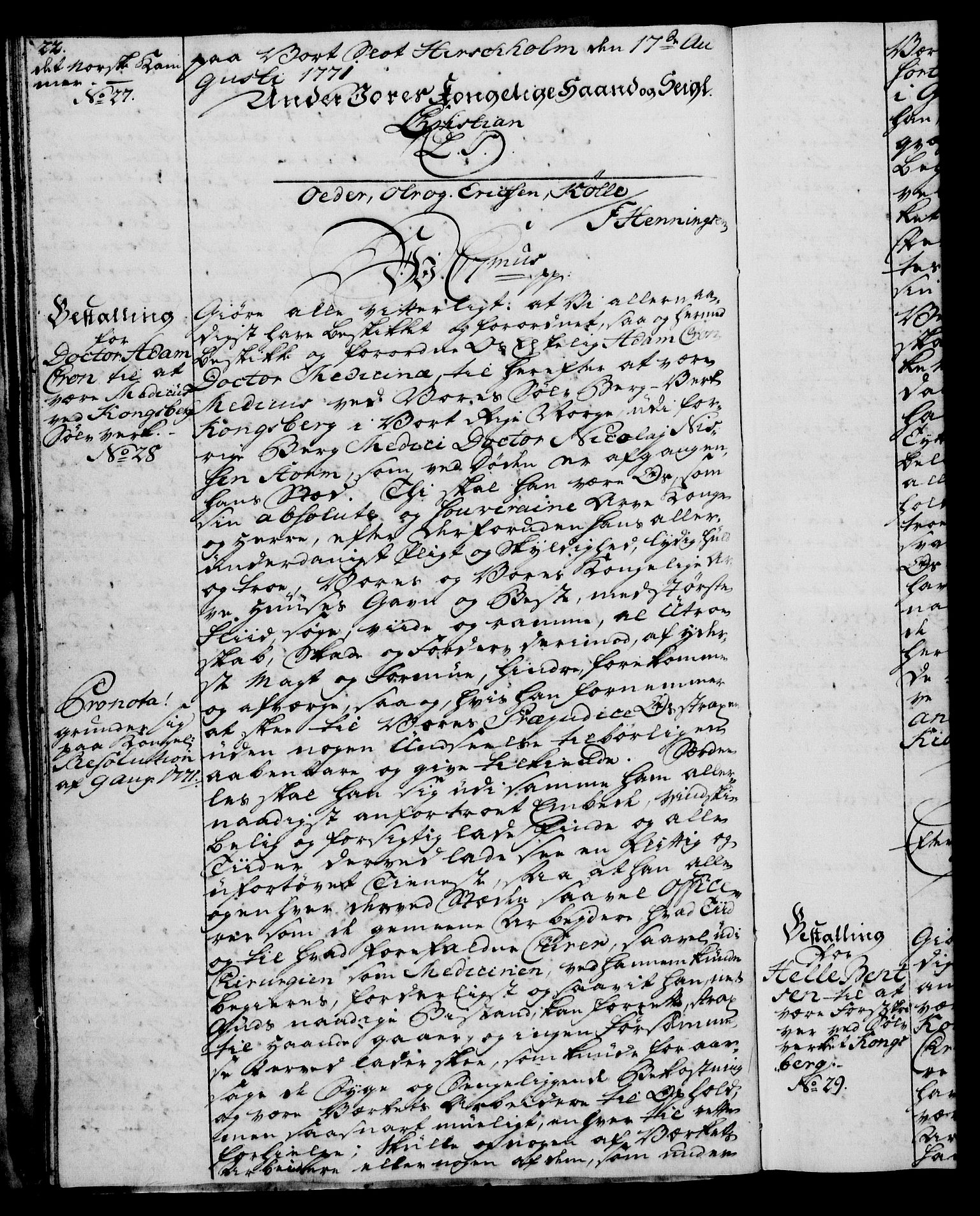 Rentekammeret, Kammerkanselliet, RA/EA-3111/G/Gg/Gge/L0005: Norsk bestallingsprotokoll med register (merket RK 53.29), 1771-1773, p. 22