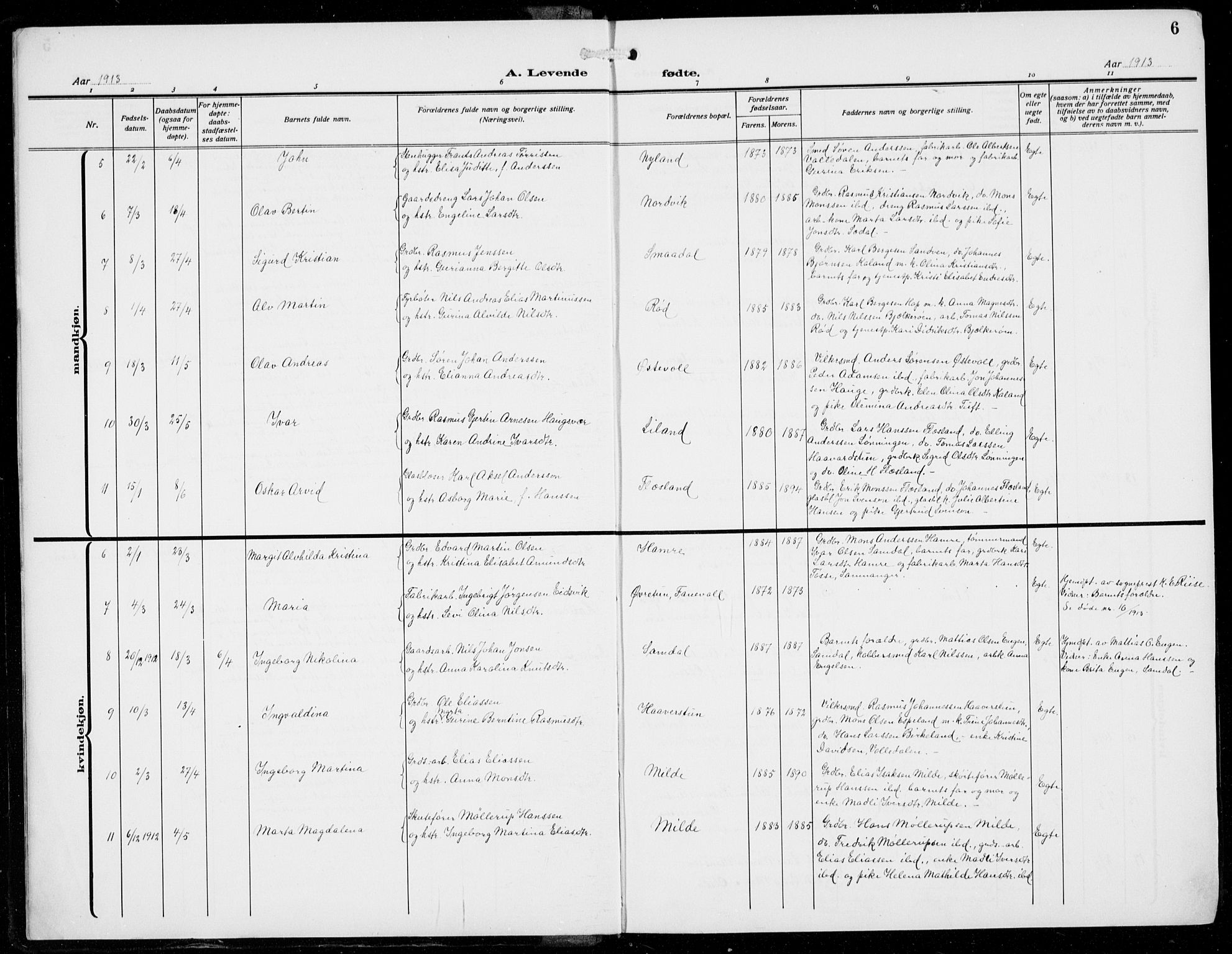 Fana Sokneprestembete, AV/SAB-A-75101/H/Hab/Haba/L0005: Parish register (copy) no. A 5, 1911-1932, p. 6