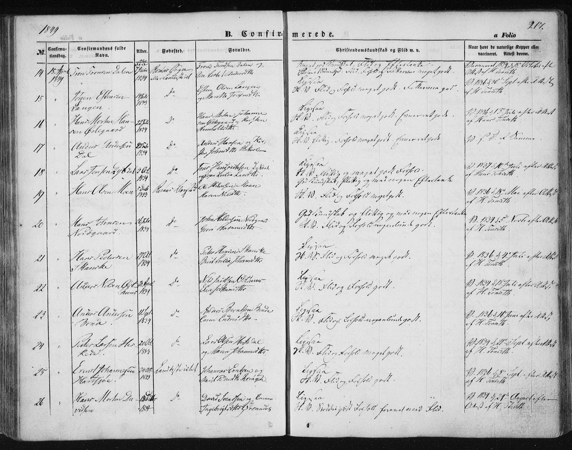 Ministerialprotokoller, klokkerbøker og fødselsregistre - Sør-Trøndelag, SAT/A-1456/681/L0931: Parish register (official) no. 681A09, 1845-1859, p. 217