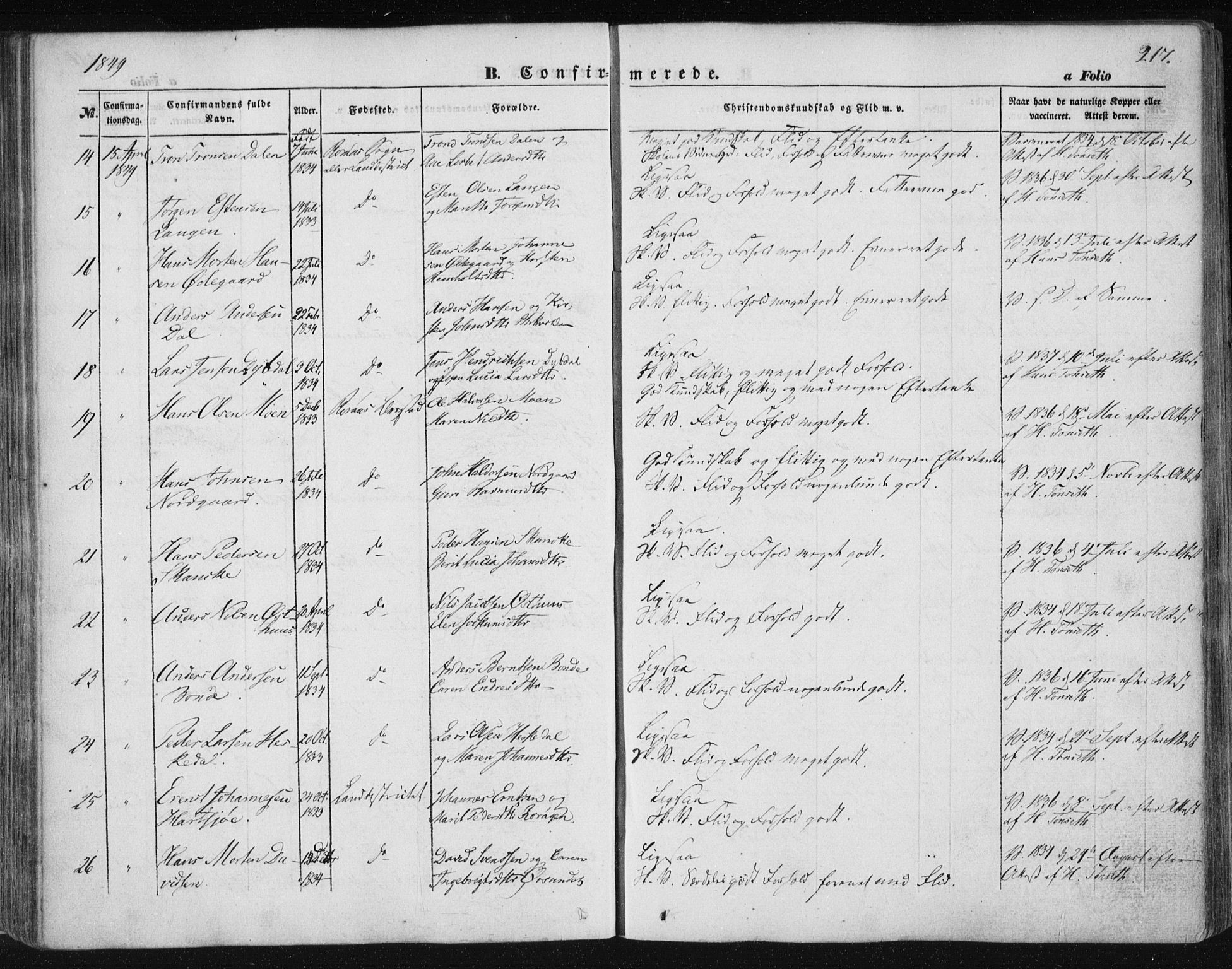 Ministerialprotokoller, klokkerbøker og fødselsregistre - Sør-Trøndelag, AV/SAT-A-1456/681/L0931: Parish register (official) no. 681A09, 1845-1859, p. 217