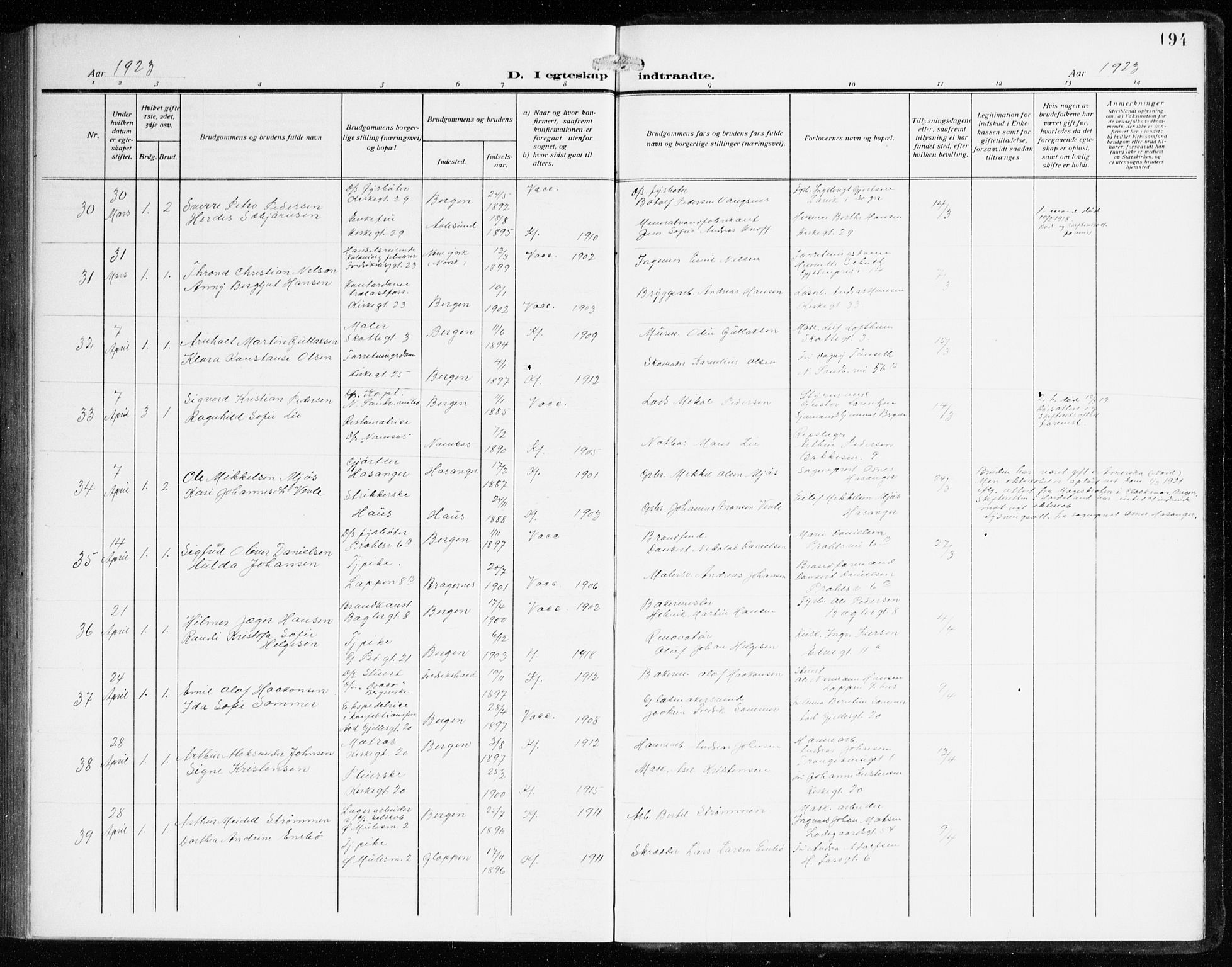 Sandviken Sokneprestembete, AV/SAB-A-77601/H/Ha/L0015: Parish register (official) no. D 2, 1911-1923, p. 194