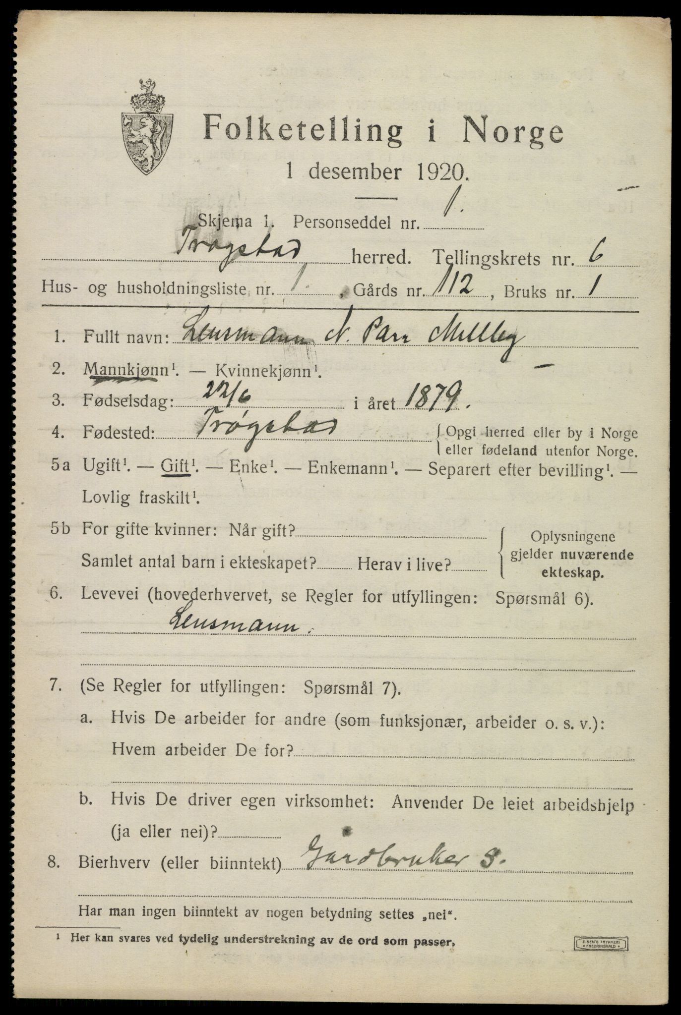 SAO, 1920 census for Trøgstad, 1920, p. 6598