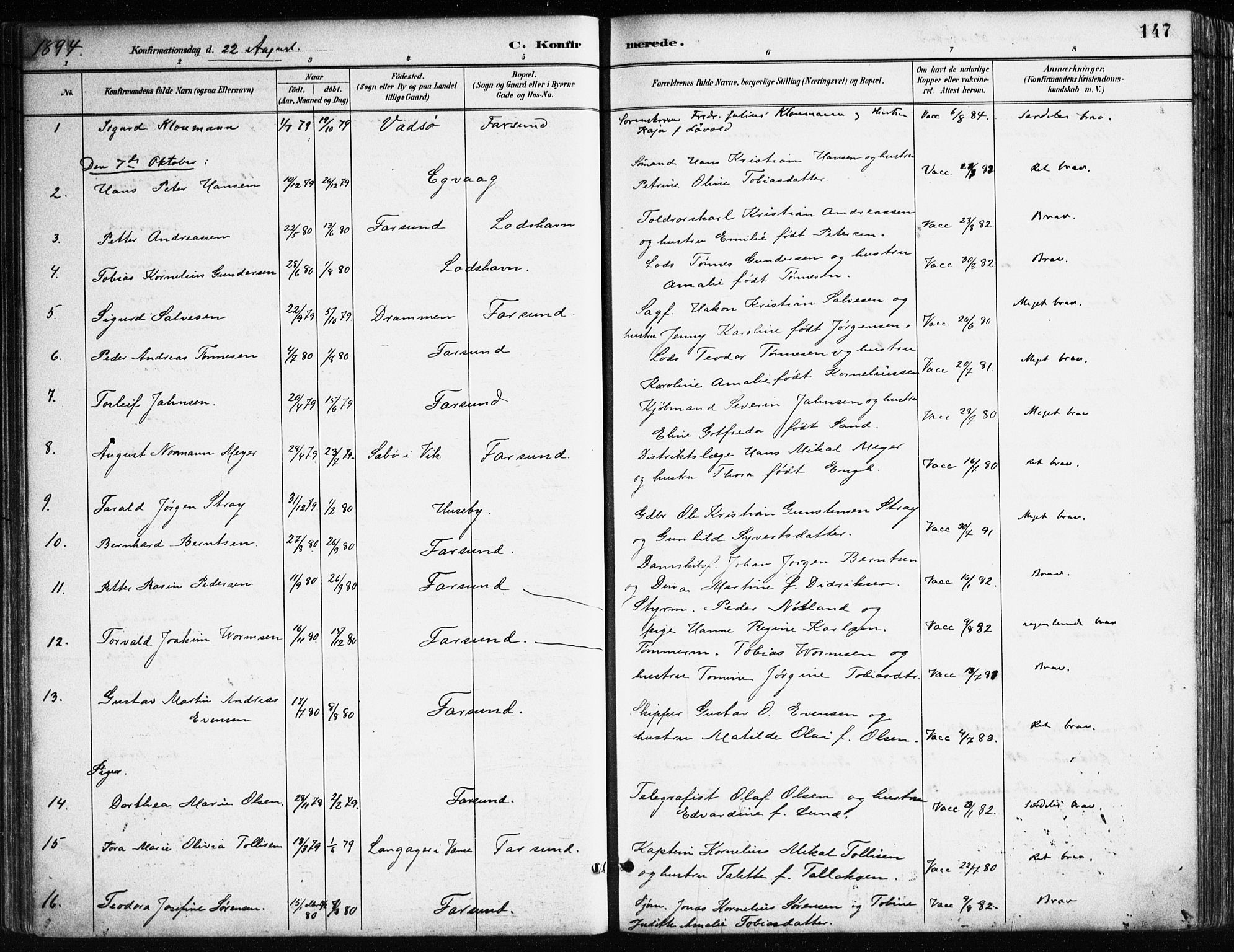 Farsund sokneprestkontor, AV/SAK-1111-0009/F/Fa/L0006: Parish register (official) no. A 6, 1887-1920, p. 147