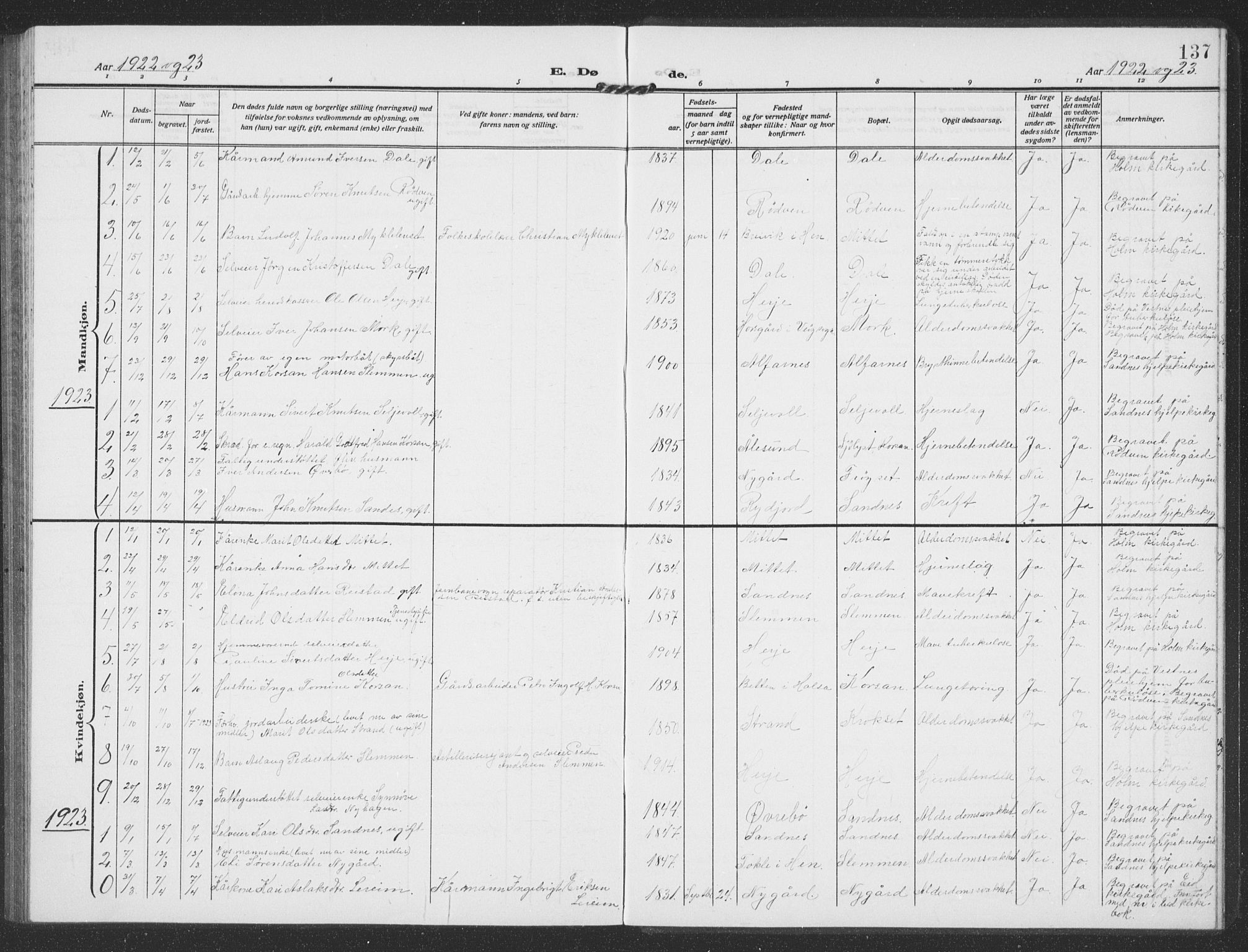 Ministerialprotokoller, klokkerbøker og fødselsregistre - Møre og Romsdal, AV/SAT-A-1454/549/L0615: Parish register (copy) no. 549C01, 1905-1932, p. 137