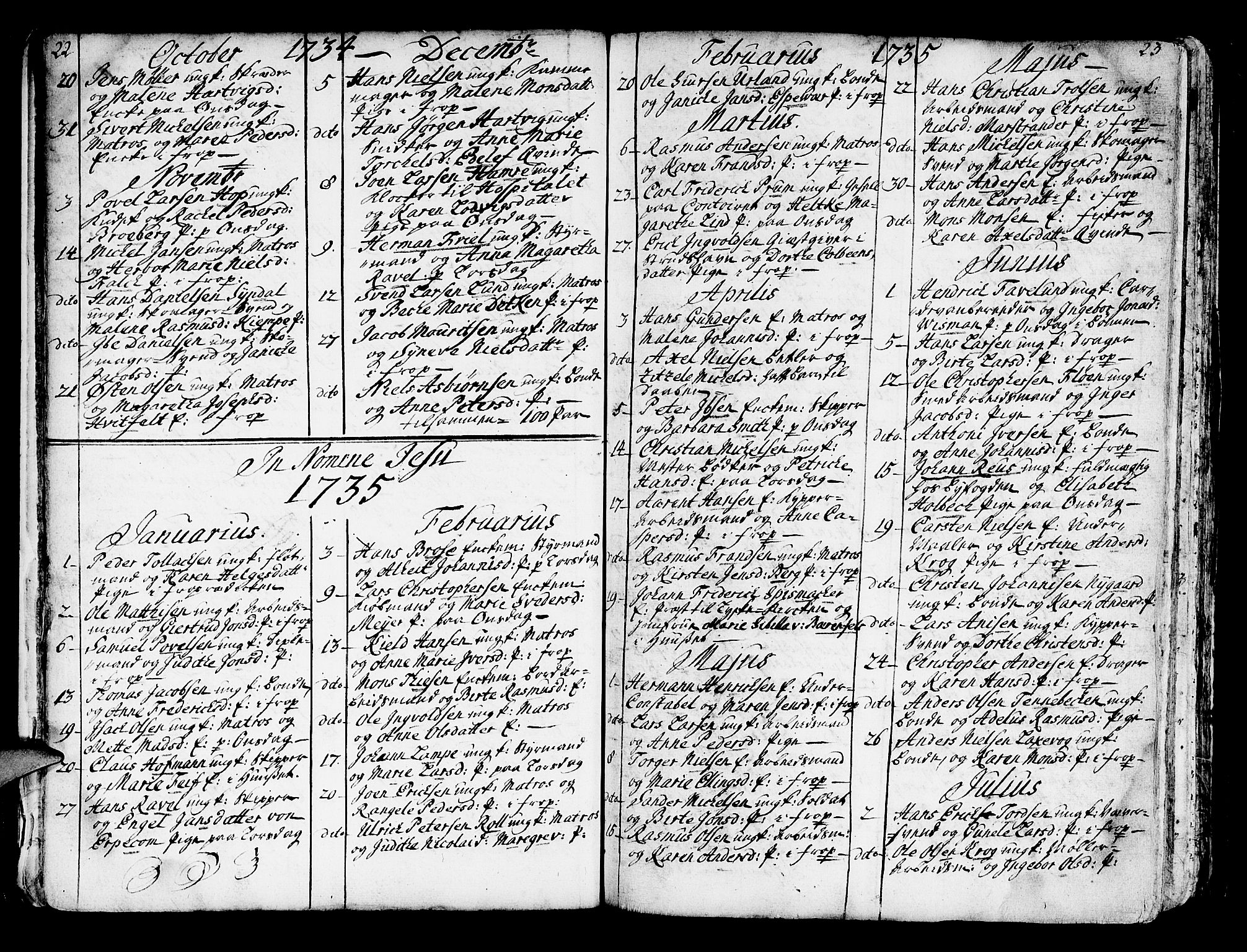 Domkirken sokneprestembete, SAB/A-74801/H/Haa/L0007: Parish register (official) no. A 7, 1725-1826, p. 22-23