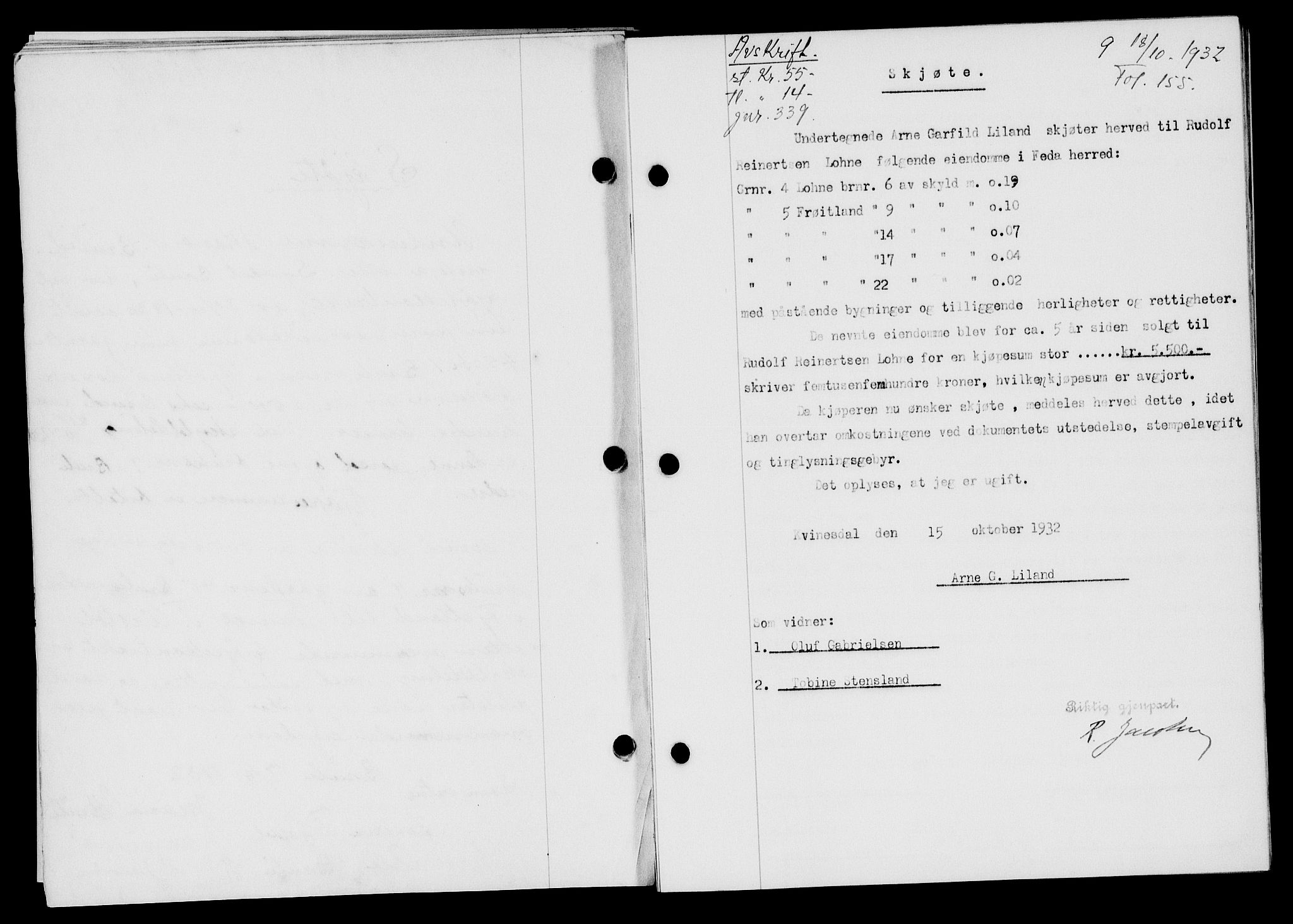 Flekkefjord sorenskriveri, SAK/1221-0001/G/Gb/Gba/L0047: Mortgage book no. 45, 1931-1932, Deed date: 18.10.1932
