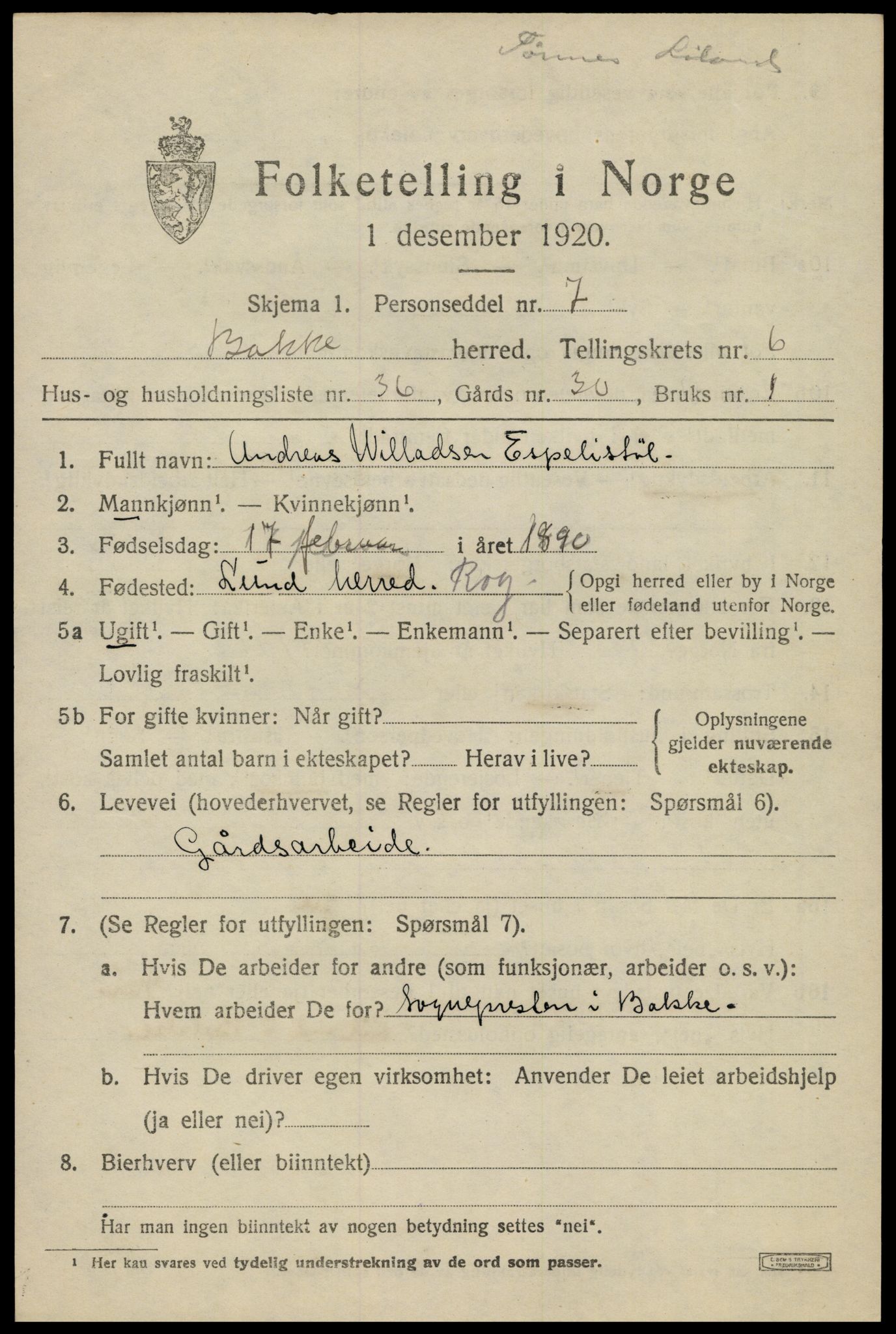 SAK, 1920 census for Bakke, 1920, p. 2216