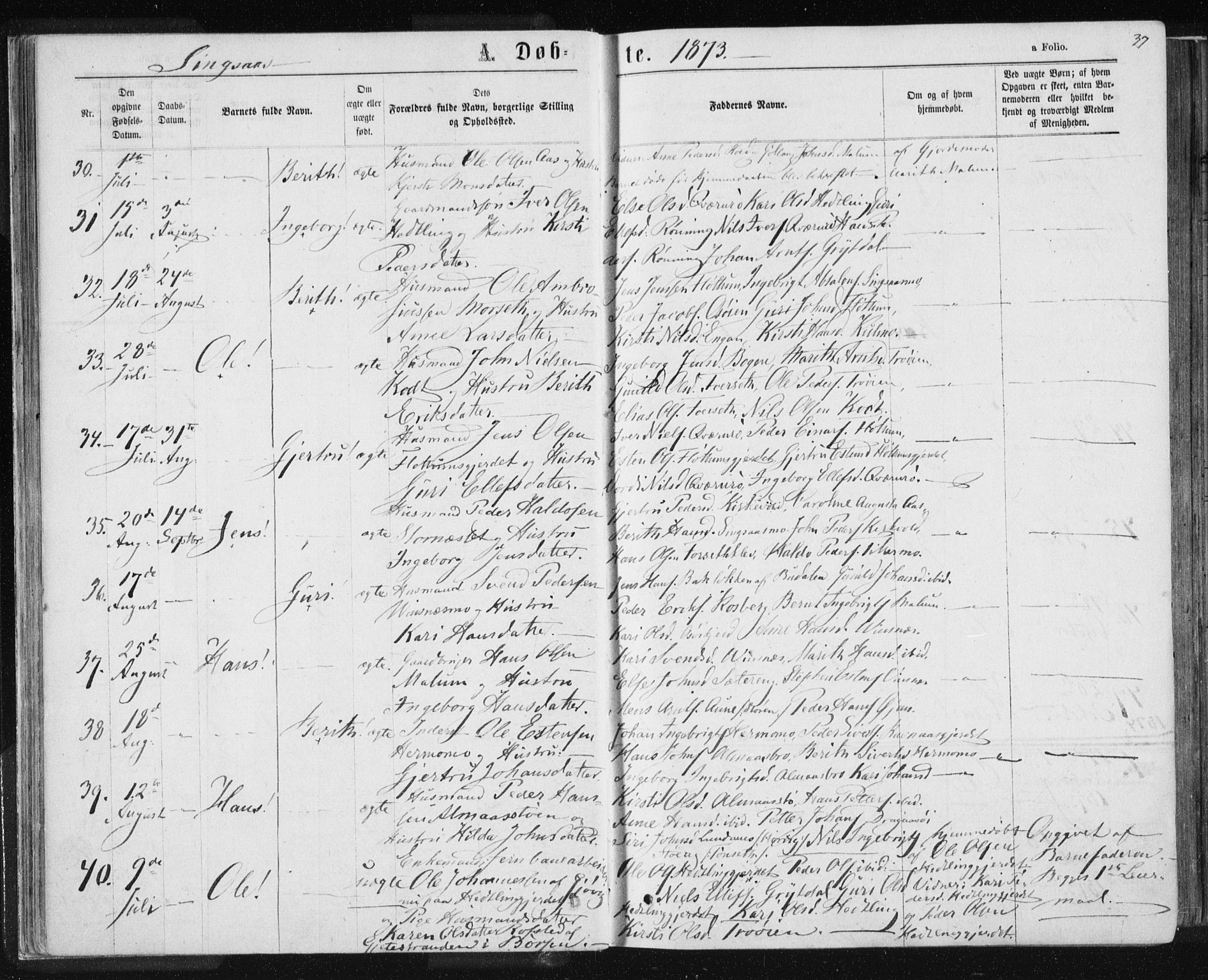 Ministerialprotokoller, klokkerbøker og fødselsregistre - Sør-Trøndelag, SAT/A-1456/685/L0970: Parish register (official) no. 685A08 /2, 1870-1878, p. 37