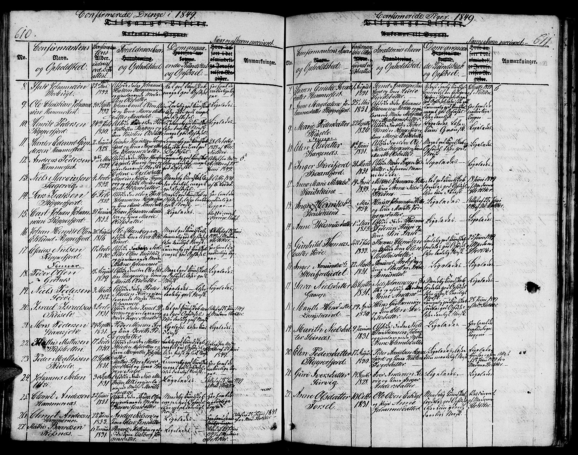 Hammerfest sokneprestkontor, AV/SATØ-S-1347/H/Hb/L0001.klokk: Parish register (copy) no. 1, 1822-1850, p. 610-611